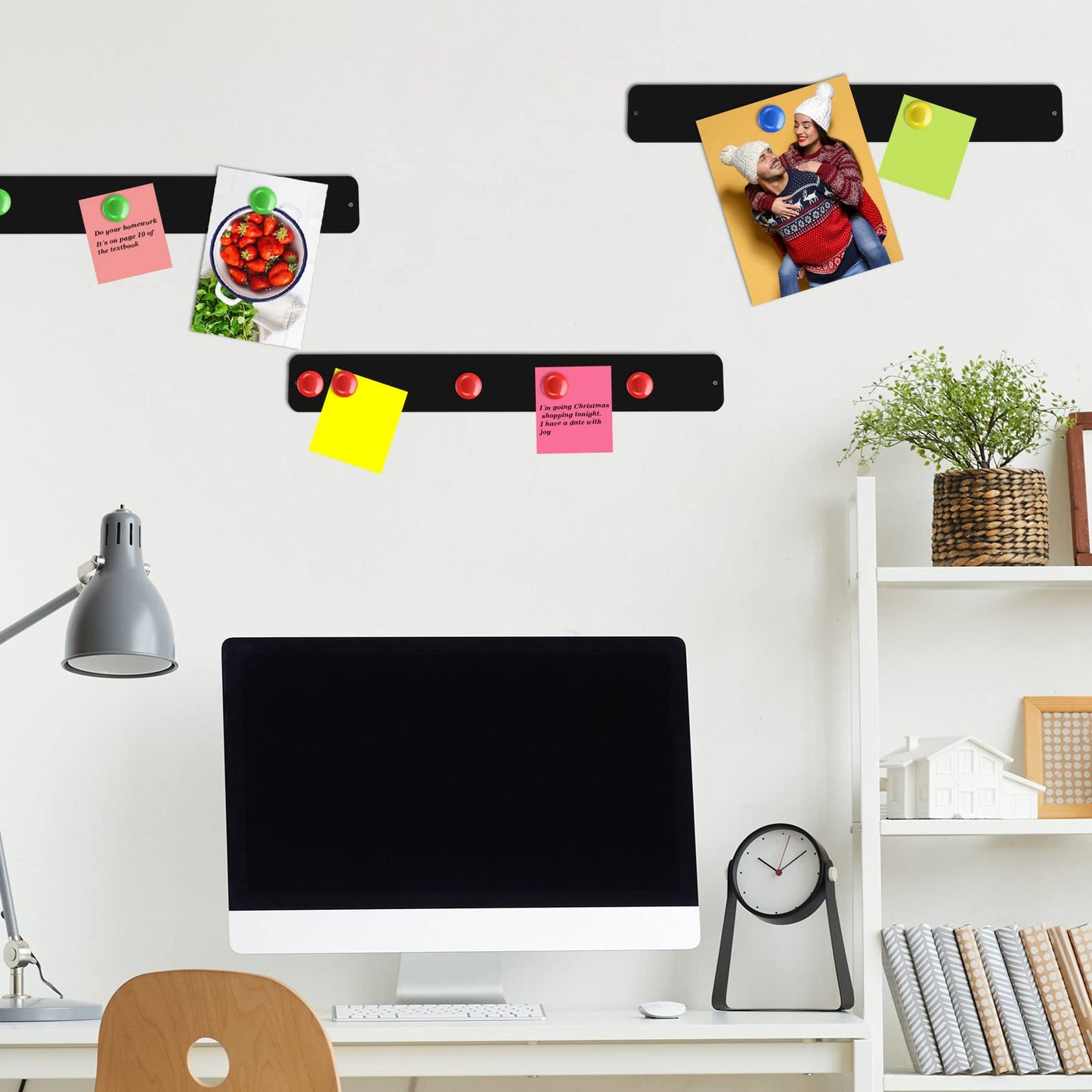 Outus 6 Pcs 15" x 2" Magnetic Wall Strips, Magnetic Bulletin Board Strip Set with 48 Pcs Colorful Magnets, Metal Display Board for Office Home Notes Photos(Black)