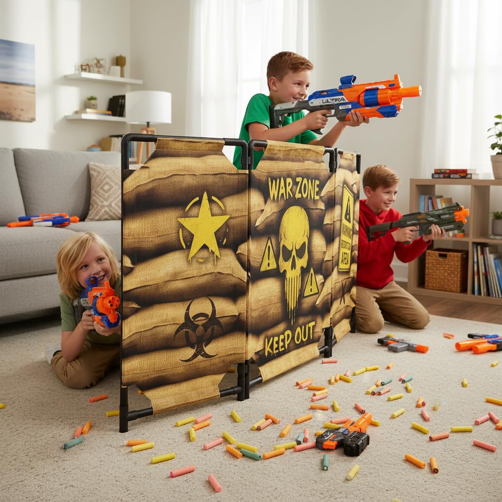 2-Pack Tactical Bunker & Foldable Battlefield Obstacles 59x34” Combat Battle Zone Fort, Compatible with Laser Tag, Foam Blaster, Birthday Activities, Party Supplies + Interactive Target Board