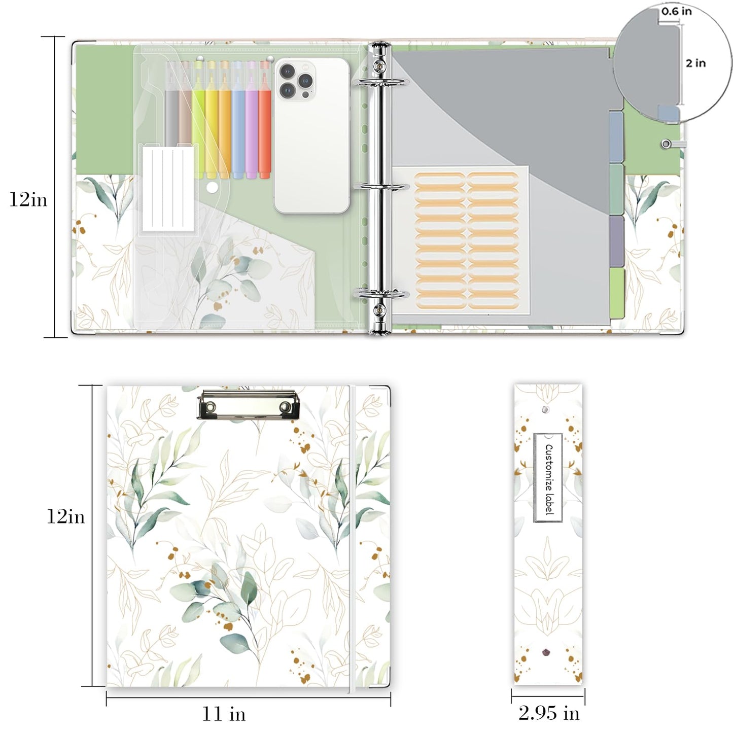 3 Ring Binder 2 Inch, Three Ring Binders Organizer with Clipboard, 5-Tabs Pockets Dividers, Plastic Folder, 18 Divider Stikers, KLLVE Cute Binder with Pen Loop (Leaves, Letter Size)