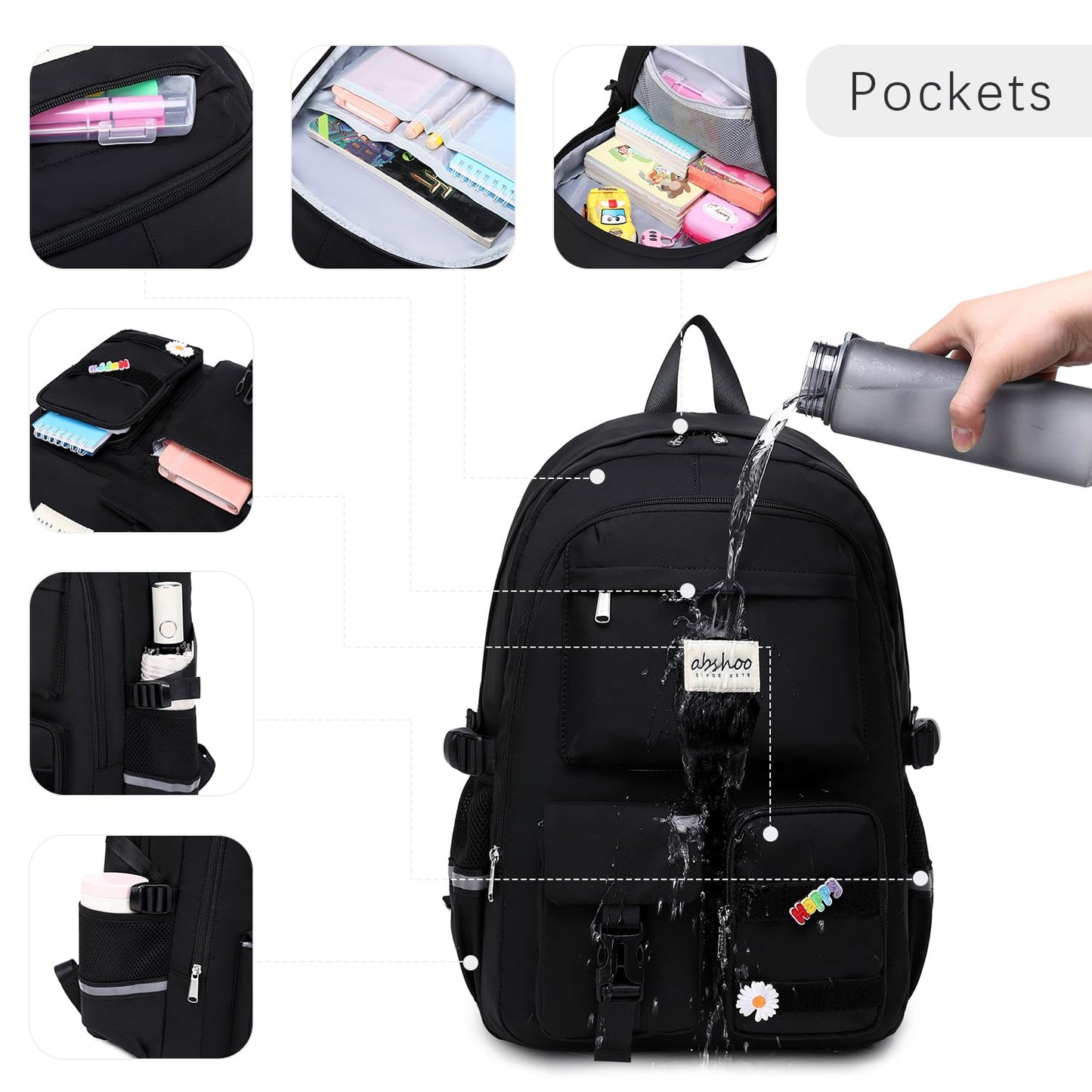 abshoo School Backpack for Girls Bookbag with Lunch Bag Teen Girls School Bag Travel Daypack (Black)