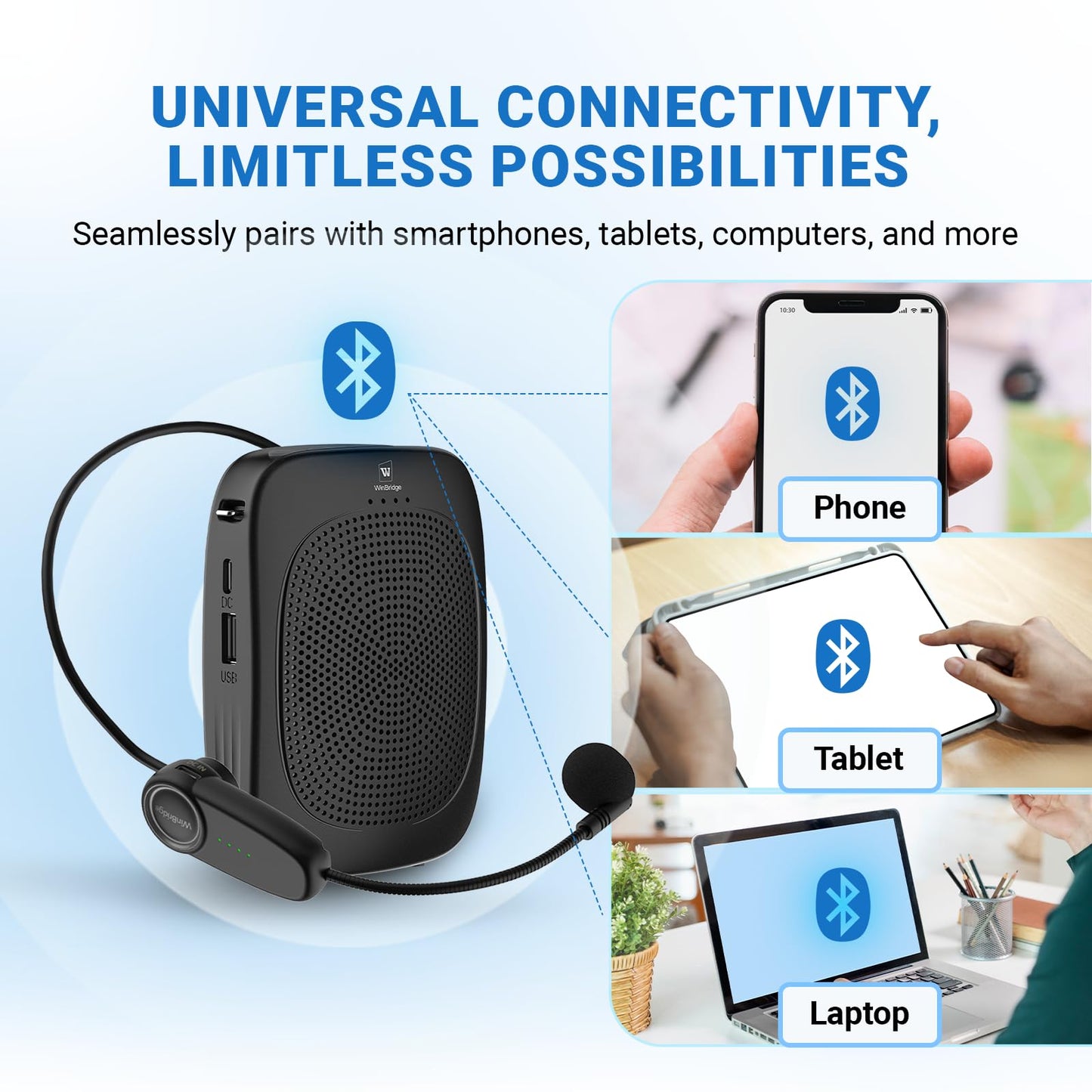 Wireless Voice Amplifier with Headset Microphone,Personal Wireless Bluetooth Amplifier with Mic,Teachers Microphone Wireless,Mini Megaphone Speaker,Portable PA System for Classroom C002