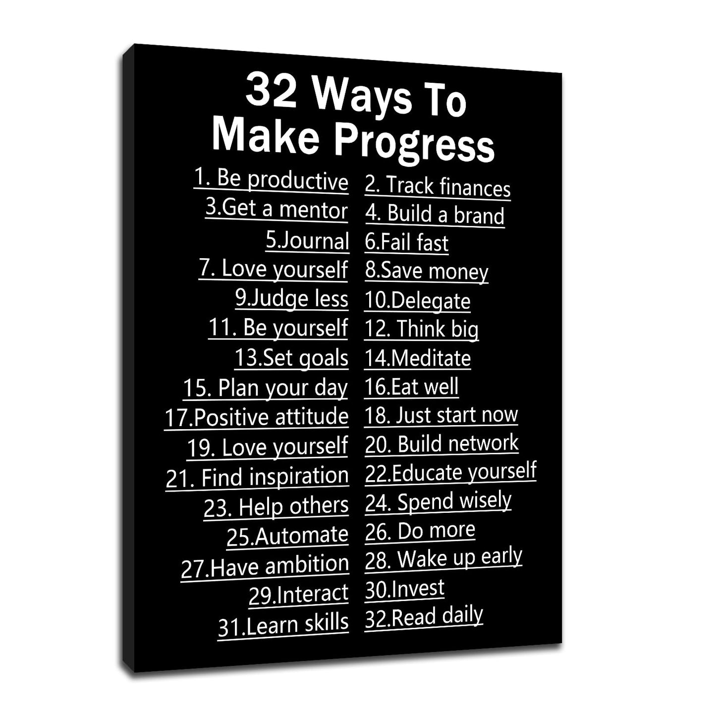 DINGFUN Inspirational Posters for Office 32 Ways to Make Progress Canvas Wall Art, Black White List Quote Single Panel Wall Decor for Home Office Dorm Classroom 24x18 Inch
