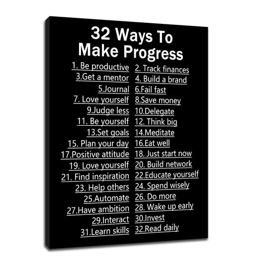 DINGFUN Inspirational Posters for Office 32 Ways to Make Progress Canvas Wall Art, Black White List Quote Single Panel Wall Decor for Home Office Dorm Classroom 24x18 Inch