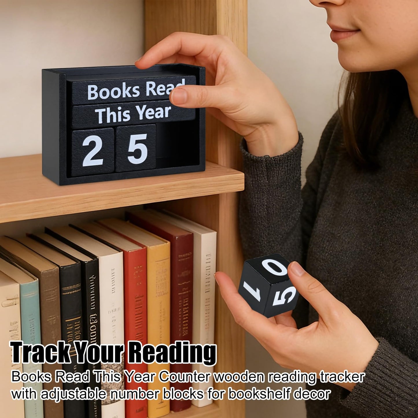 Books Read This Year Counter - Wooden Reading Tracker Block, Adjustable Book Count Display, Black Book Lover Decor for Bookshelf Desk Library Reading Goals Gift (Black)