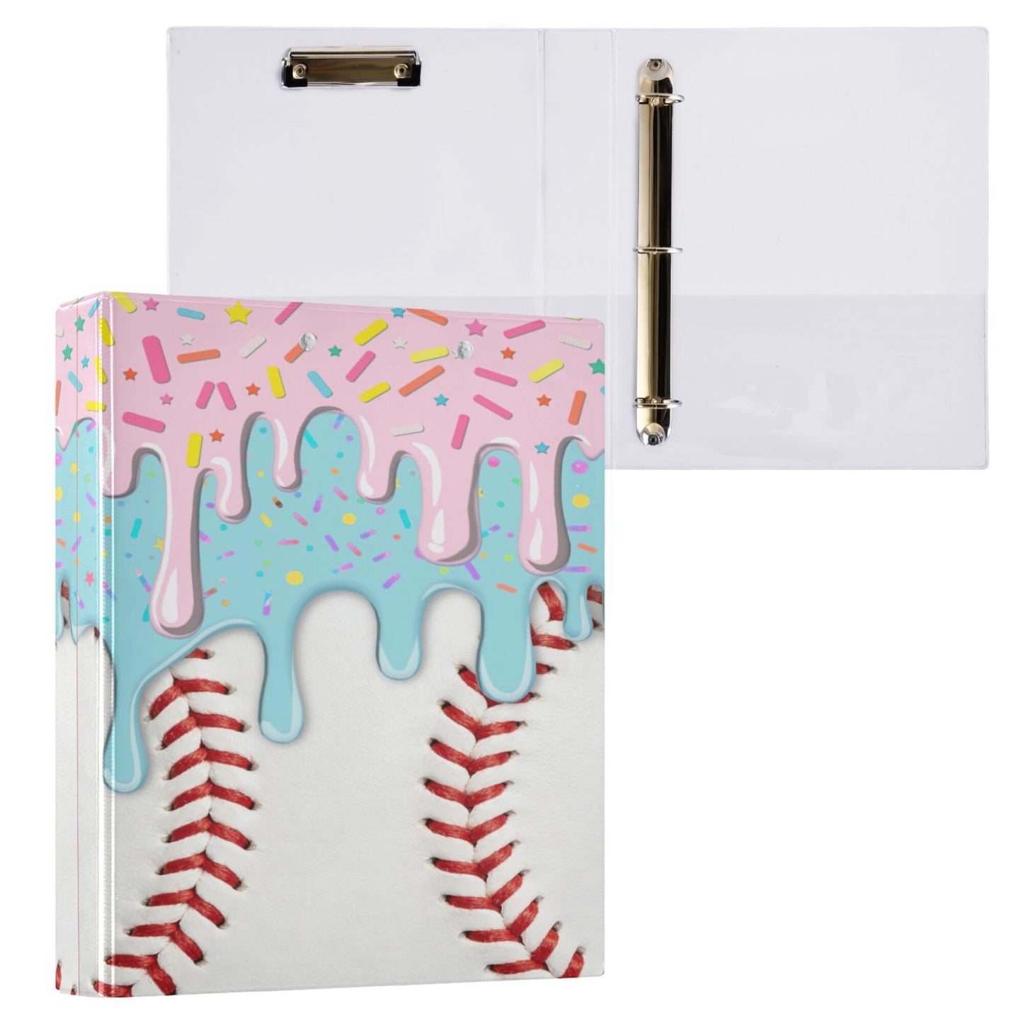 Baseball Red White Stripe Pattern Round Ring Binders 1.5 Inch Ice Cream 3 Ring Clipboard Binder for Office School Work Supplies File Folder 200 Sheet Capacity