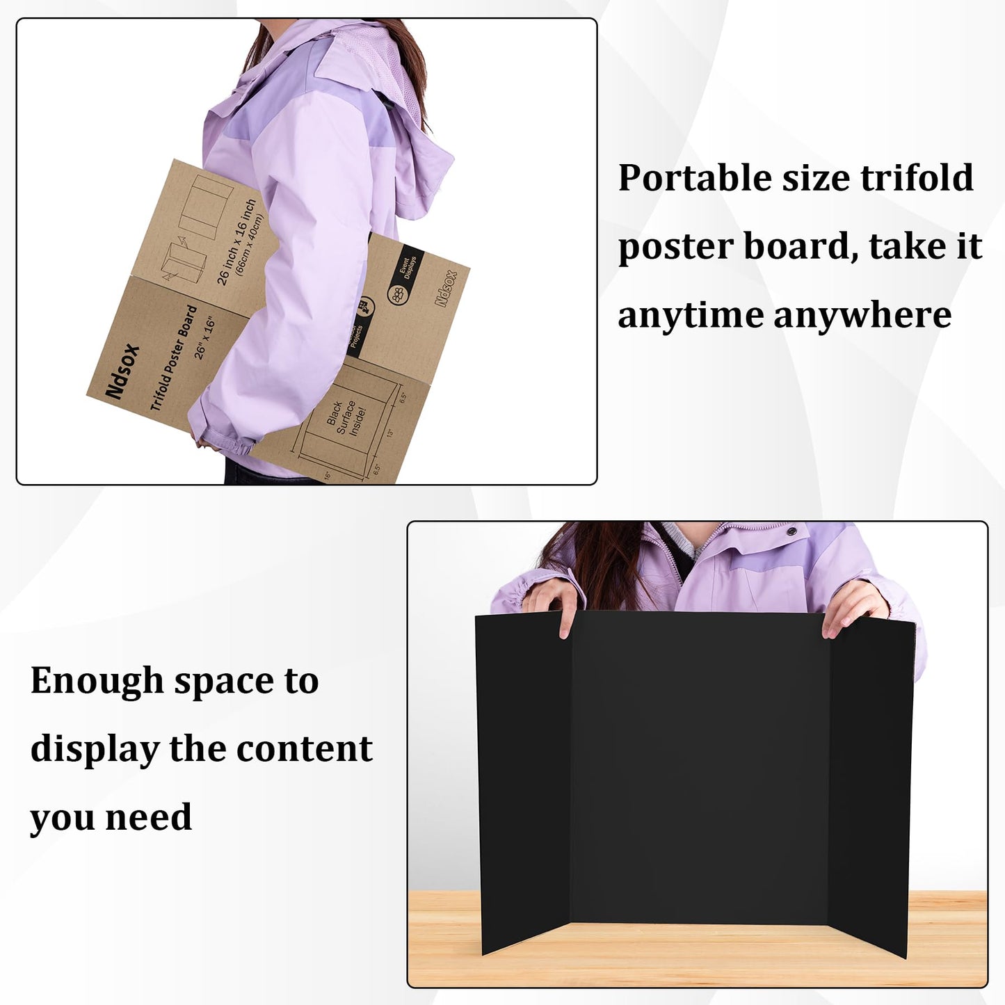 Ndsox 4 Pack 26" x 16" Black Trifold Poster Board Small Size Corrugated Cardboard Science Fair Display Boards for School Projects, Business Presentations, Event Displays, and Art Exhibitions