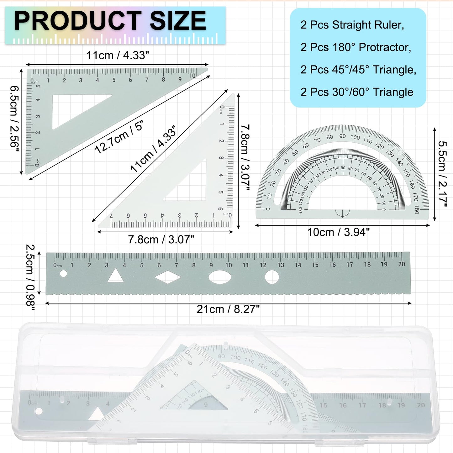 PATIKIL Geometry Set, 2 Pack 8 Inch Aluminum Ruler & 4 Triangles, Metal Protractor Ruler Math Drafting Measuring Tool for Home Office Math Drawing Engineering Art,Gradient Green
