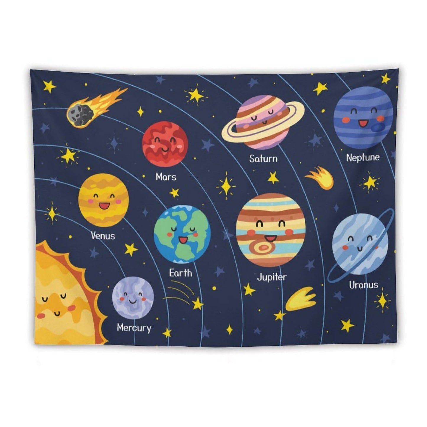 DDCBNS Cartoon Solar System Tapestry for Kids Boys Girls,Cute Outer Space Planet Universe Galaxy Print Tapestry Wall Hanging Home Décor for Study Bedroom Living Room Nursery 80" x 60"