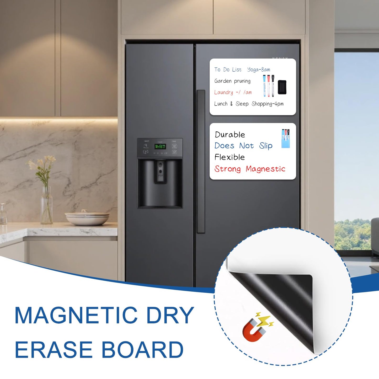 24x16 Inch Magnetic Refrigerator Whiteboard - Single Pack Flexible Dry Erase Memo Board with 6 Markers, Eraser & 1 Pen Holder, for Kitchen Office Home Notes Reminders Planning