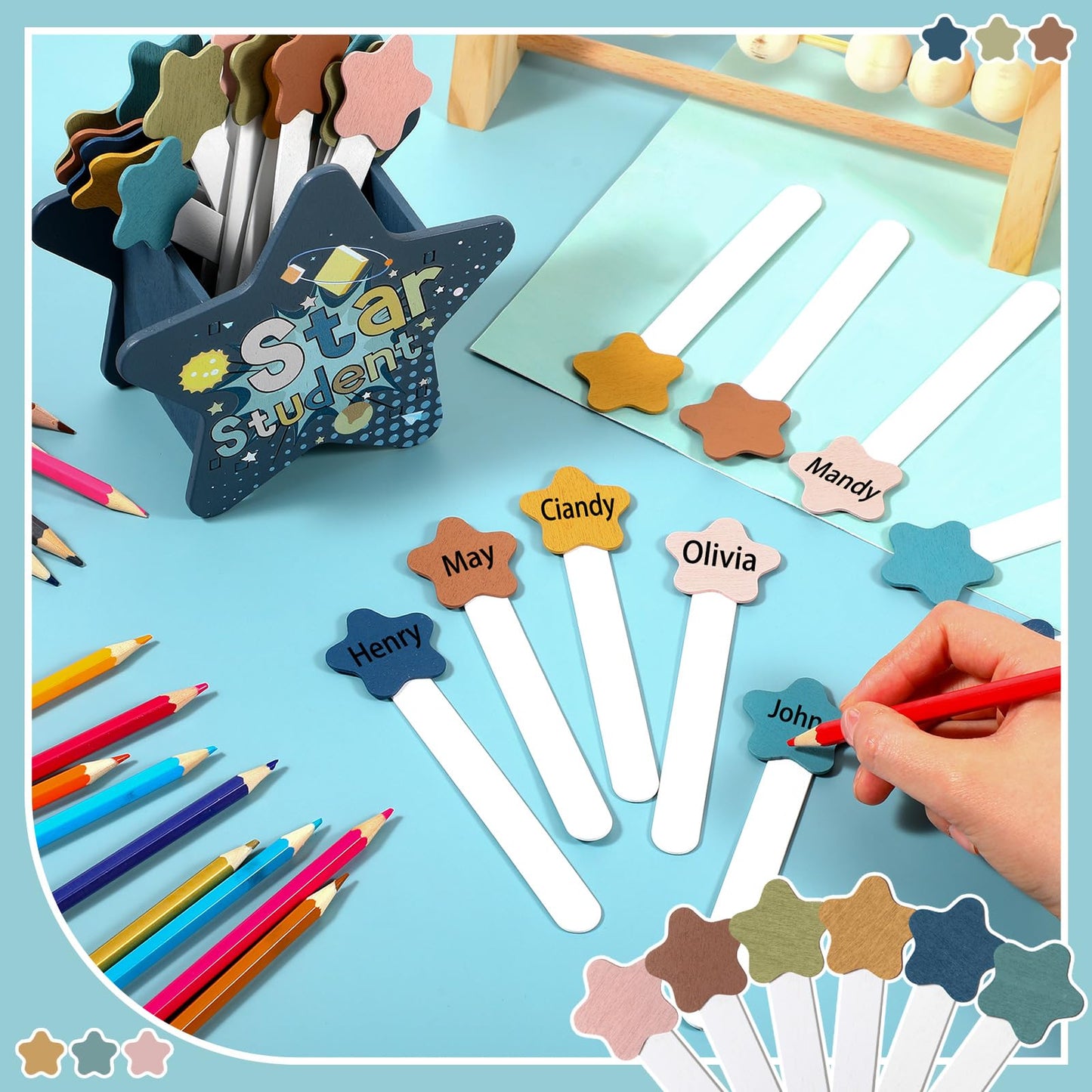 Motipuns 121pcs Back to School Star Flip Name Sticks with Storage Cup for Classroom Wood Talking Flip Name Sticks Bulk Teacher Student Grouping for Educational and Learning Classroom Supplies