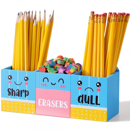 Eaasty Pencil Shaped and Sharp Dull Holder Eraser Wooden Dispenser Pencil Storage 3 Compartments for Back to School Teachers Classroom Organization(1 Pack,Blue Face)
