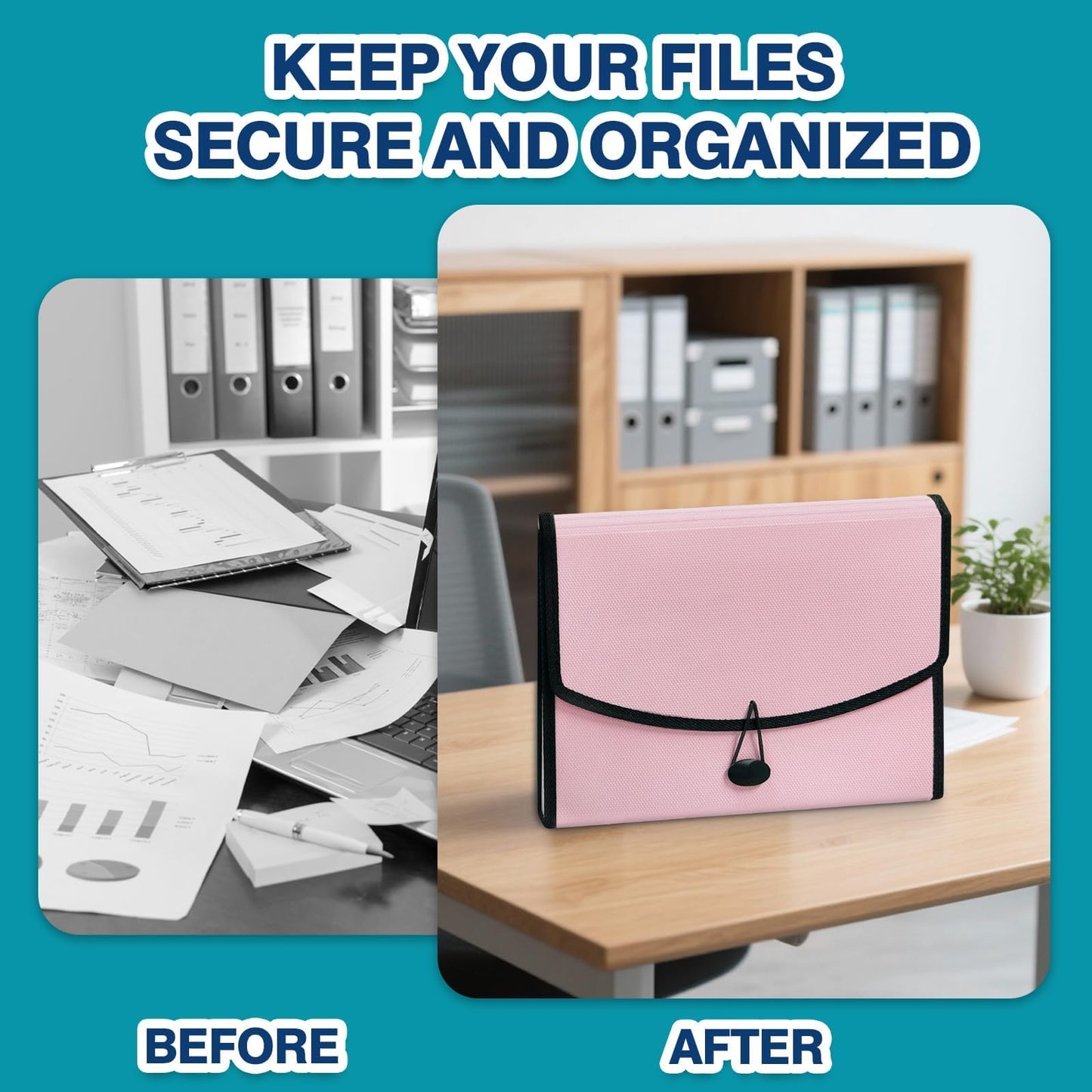 H4D 13-Pocket Accordion File Organizer with Mesh Pocket, Expanding File Folder with Tabs, Expandable Document Organizer for Home Office School, Letter Size, Light Pink