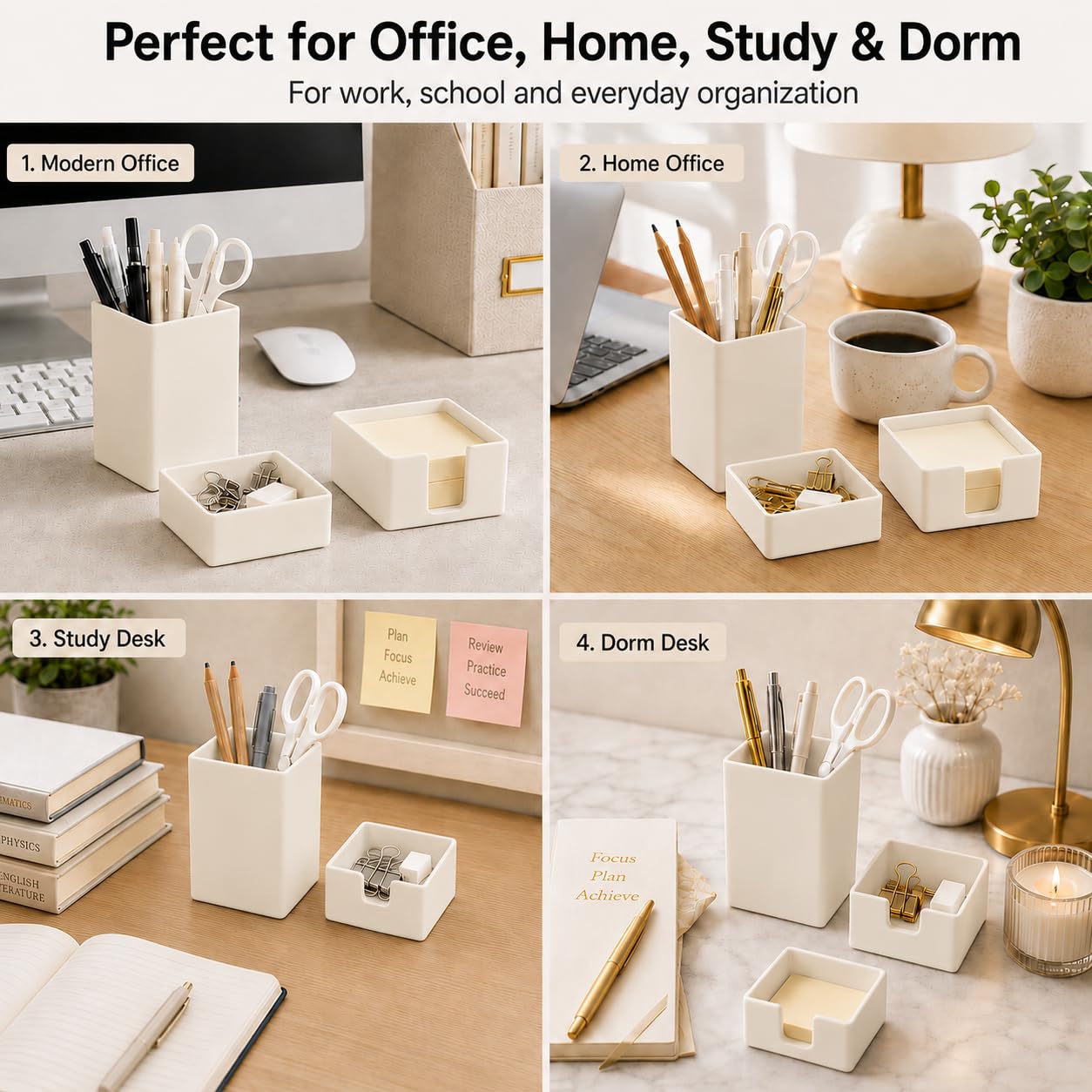 minimaliving Aesthetic Silicone Desk Organizer Set of 3,Modern Office Desk Accessories with Pen Holder,Paperclip Tray,Sticky Note Holder,Stylish Functional Office Desk Decor for Back-to-school(Beige)