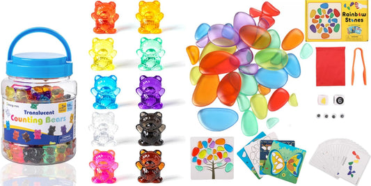 Odoorgames 100 Pcs Translucent Bear Counters - 10 Colors - Kindergarten Classroom & Light Table Manipulatives，36 Pcs Translucent Pebbles, Rainbow Stones,Light Table Manipulatives Preschool