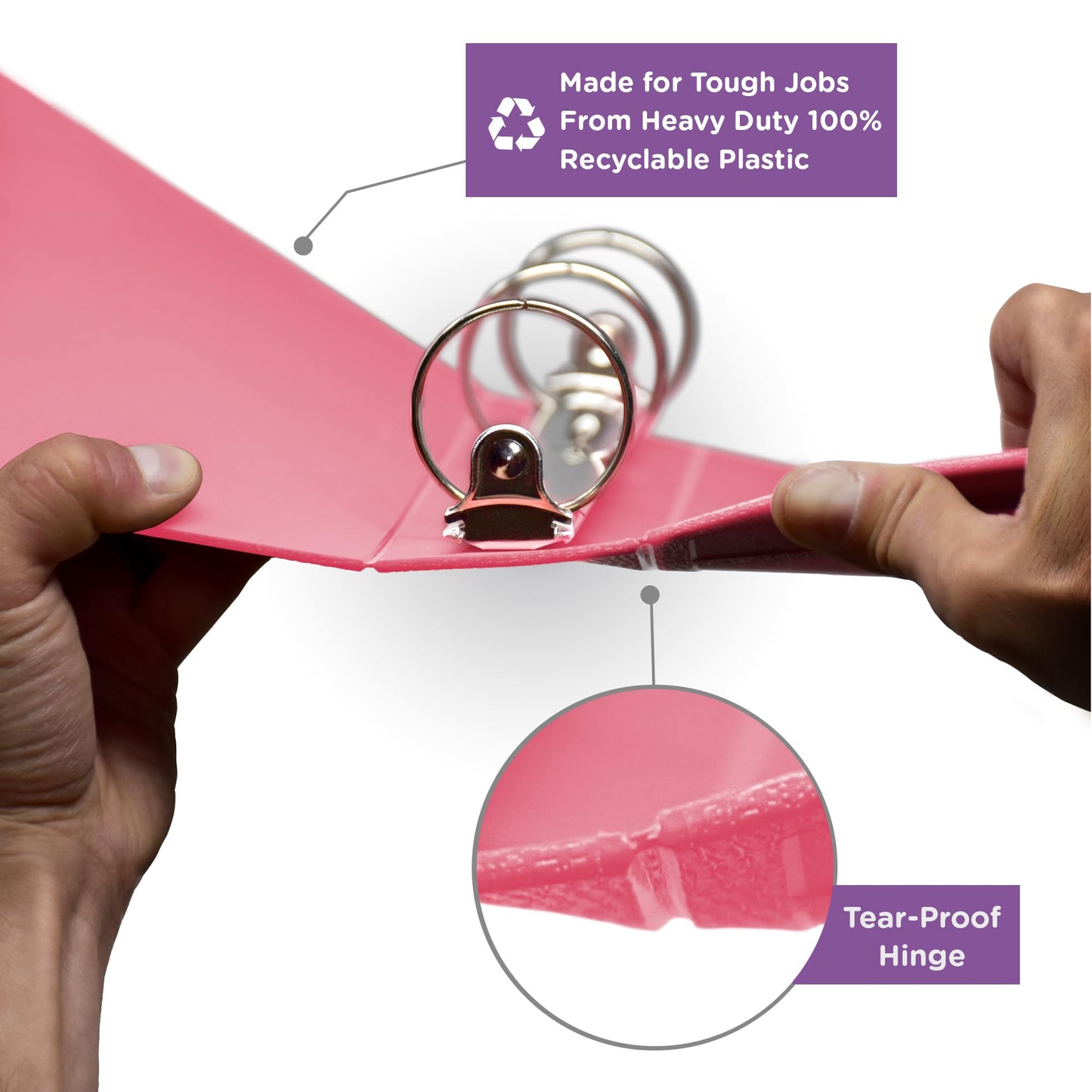 Carstens 2-Inch Heavy Duty 3-Ring Binder - Side Opening, Bubble Gum Pink, Durable Plastic, Precision No-Gap Rings, Waterproof Cover, No Pockets, Holds 300 Letter Sheets, BPA-Free Made in USA (2840-3R)