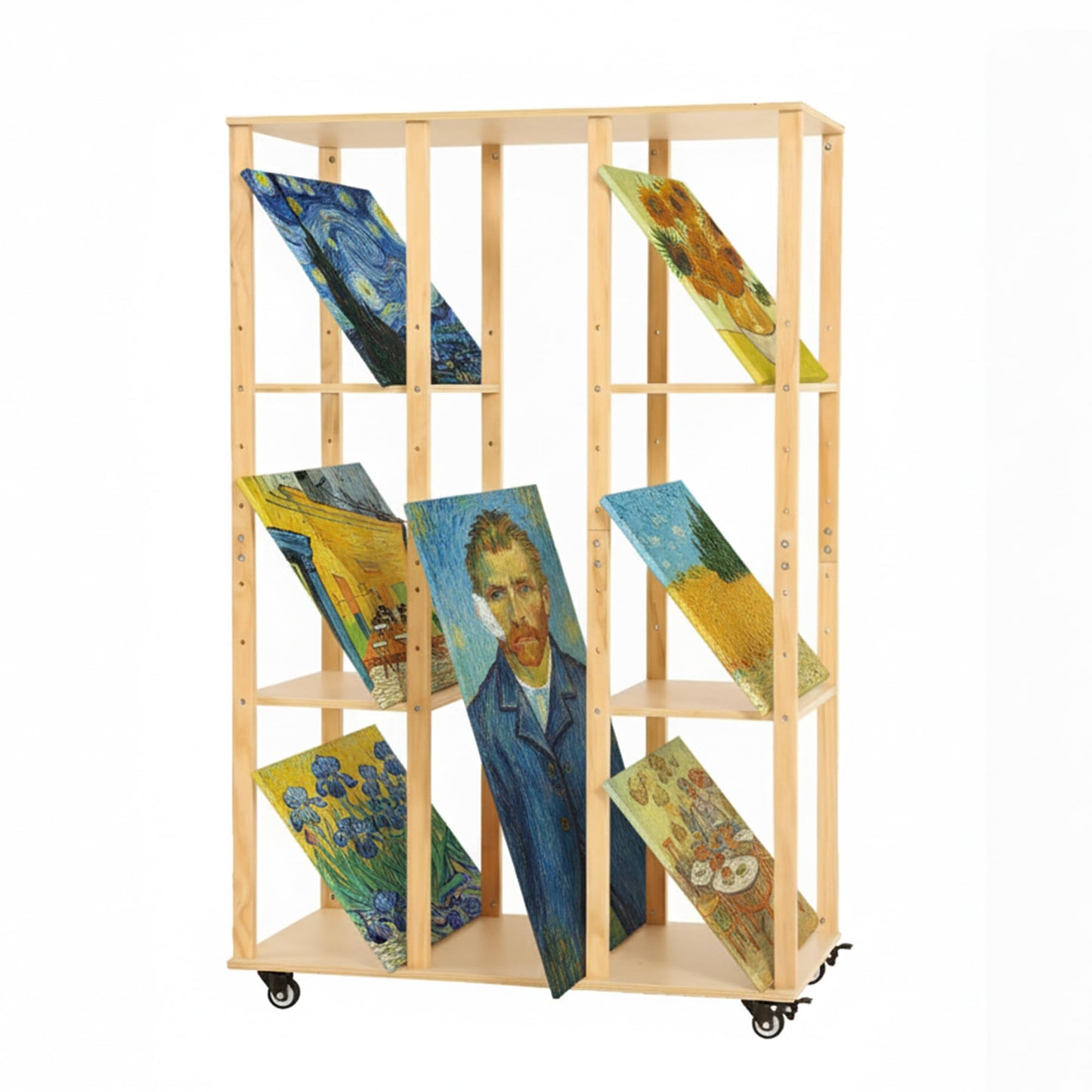 MOOFI Extra-Large Art Storage Rack with Wheels, Adjustable Display Wooden Drying Rack for Canvas, Panels, Prints and Artworks, Multi-Tier Art Organizer for Galleries, Classroom, Studios (Natural)
