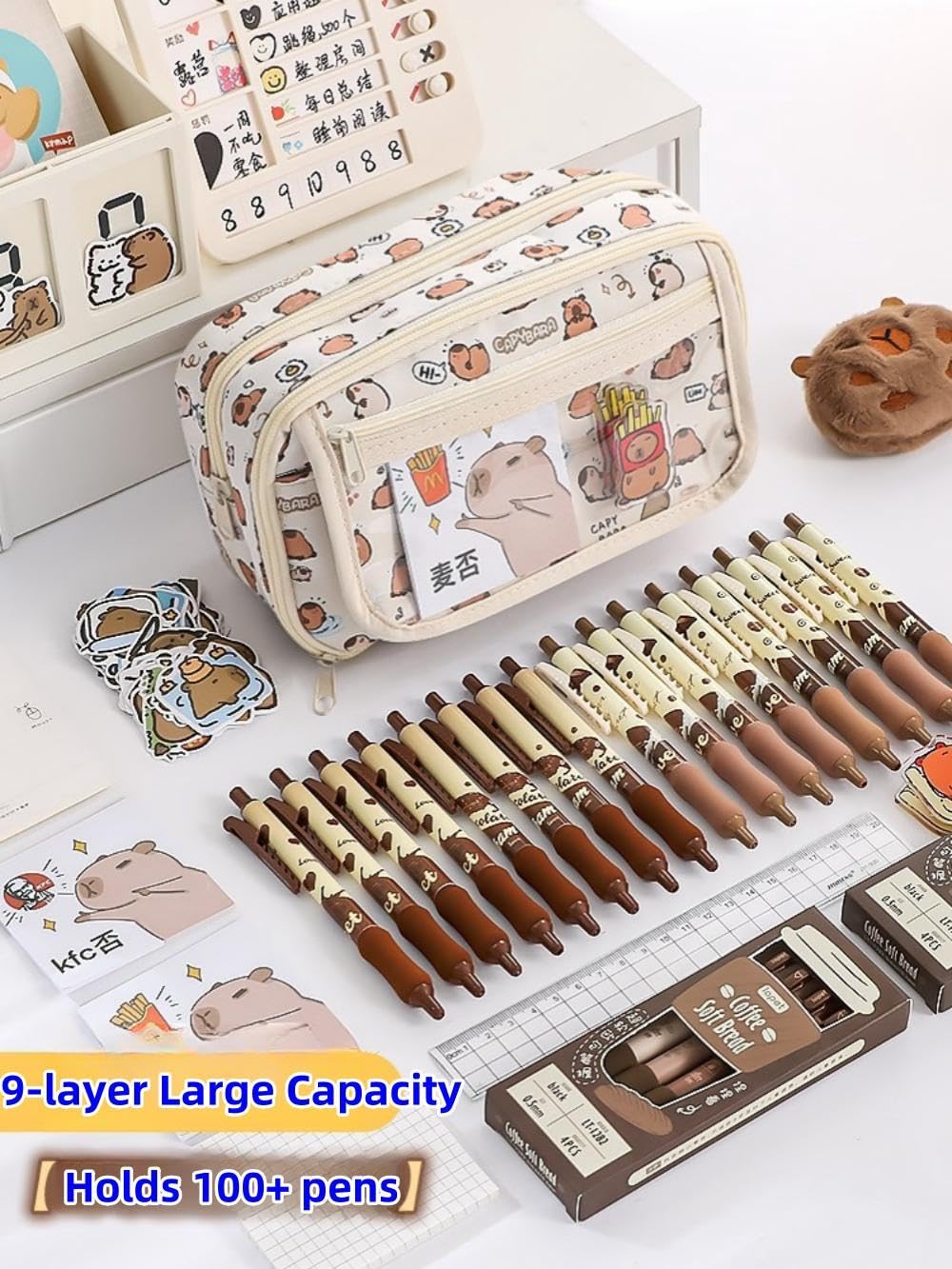 VTYFRY Cute Kawaii Pencil Case Pouch Cartoon Pen Box Holder Organizer for Office Workspace Supplies Desk Accessories Travel Essentials Aesthetic Trendy Cool Stuff Gift Large Capacity (Pink Kapibala)