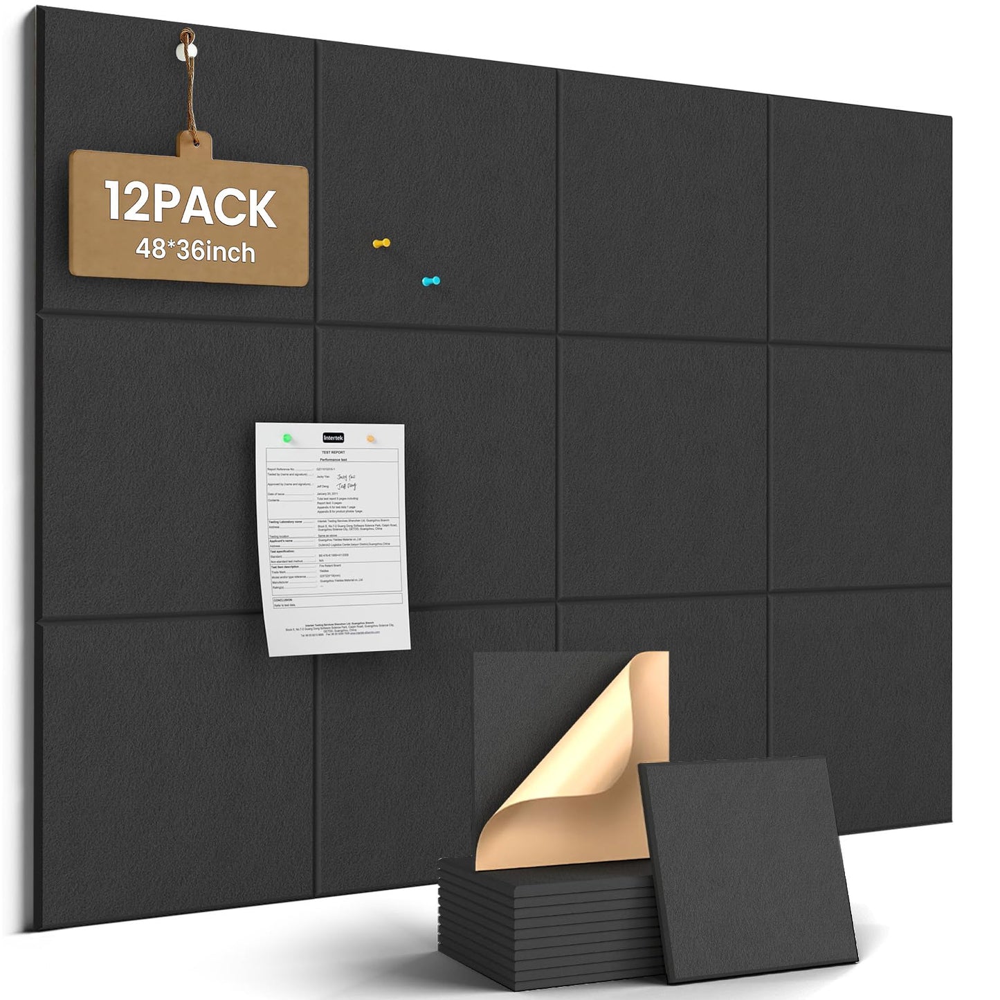 JBER Large Felt Bulletin Board 48"x36" - 12 Pack Felt Wall Tiles, Cork Board Alternative to Use in Office & Home Decor, Classroom Decor, Vision Board to Display Your Photos(Black)