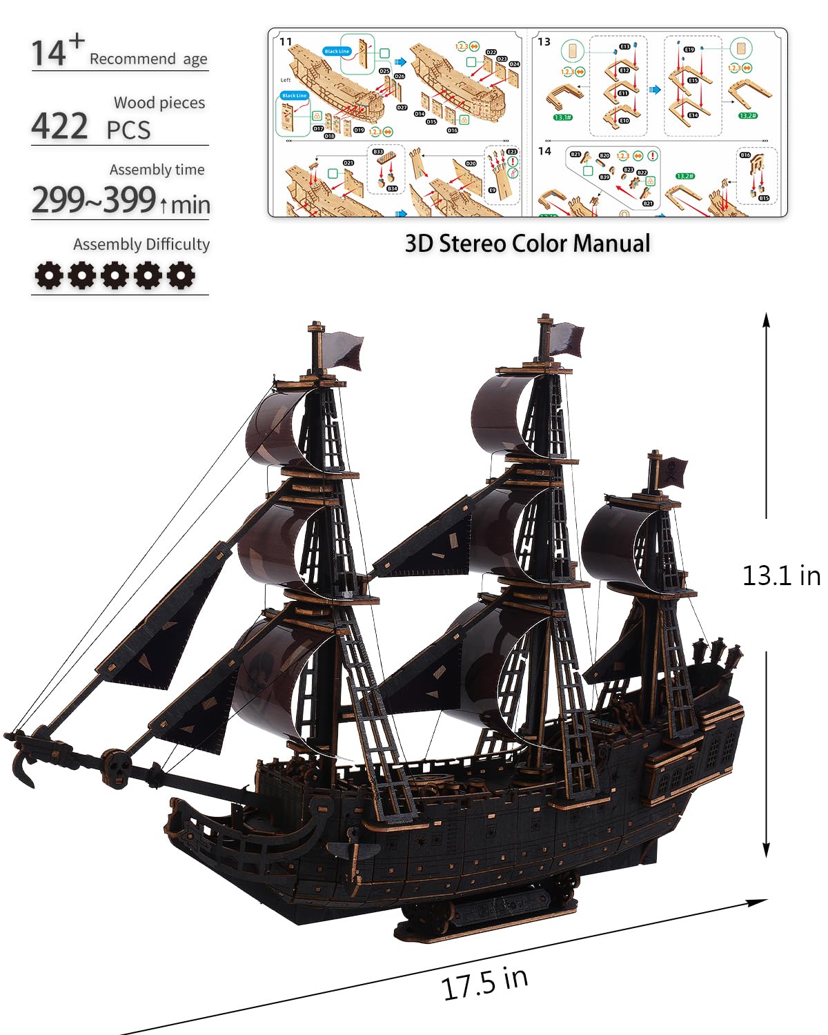 Black Pirate Ship 3D Wooden Puzzle for Adults - Ideal Christmas or Thanksgiving Gift for Model Enthusiasts 3D Puzzles for Adults