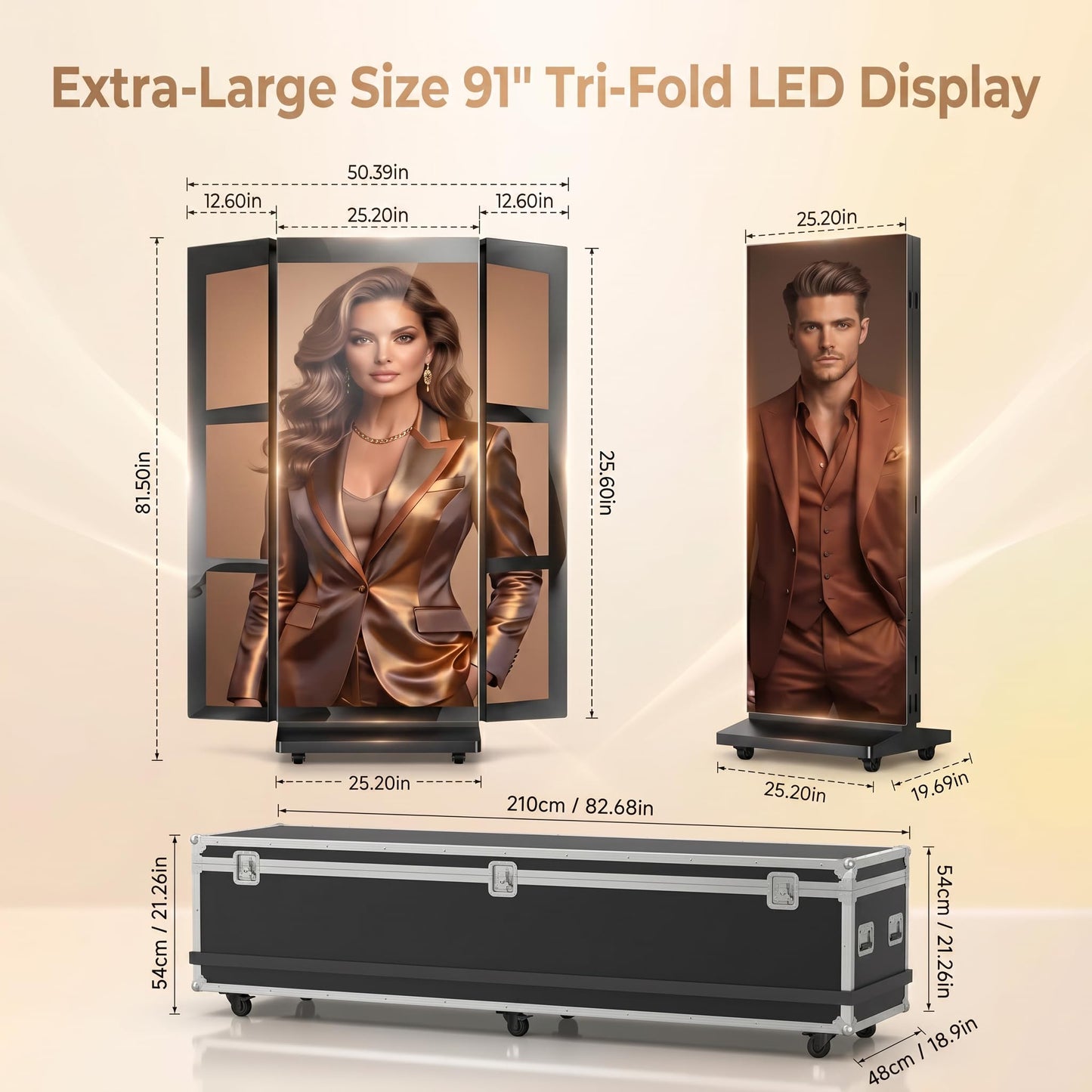 91" LED Digital Signage Display with Flight Case, Triple Foldable Spliceable LED Poster Screen,GOB Commercial Kiosk, Smartphone One-Cick Control, for Events, Rentals