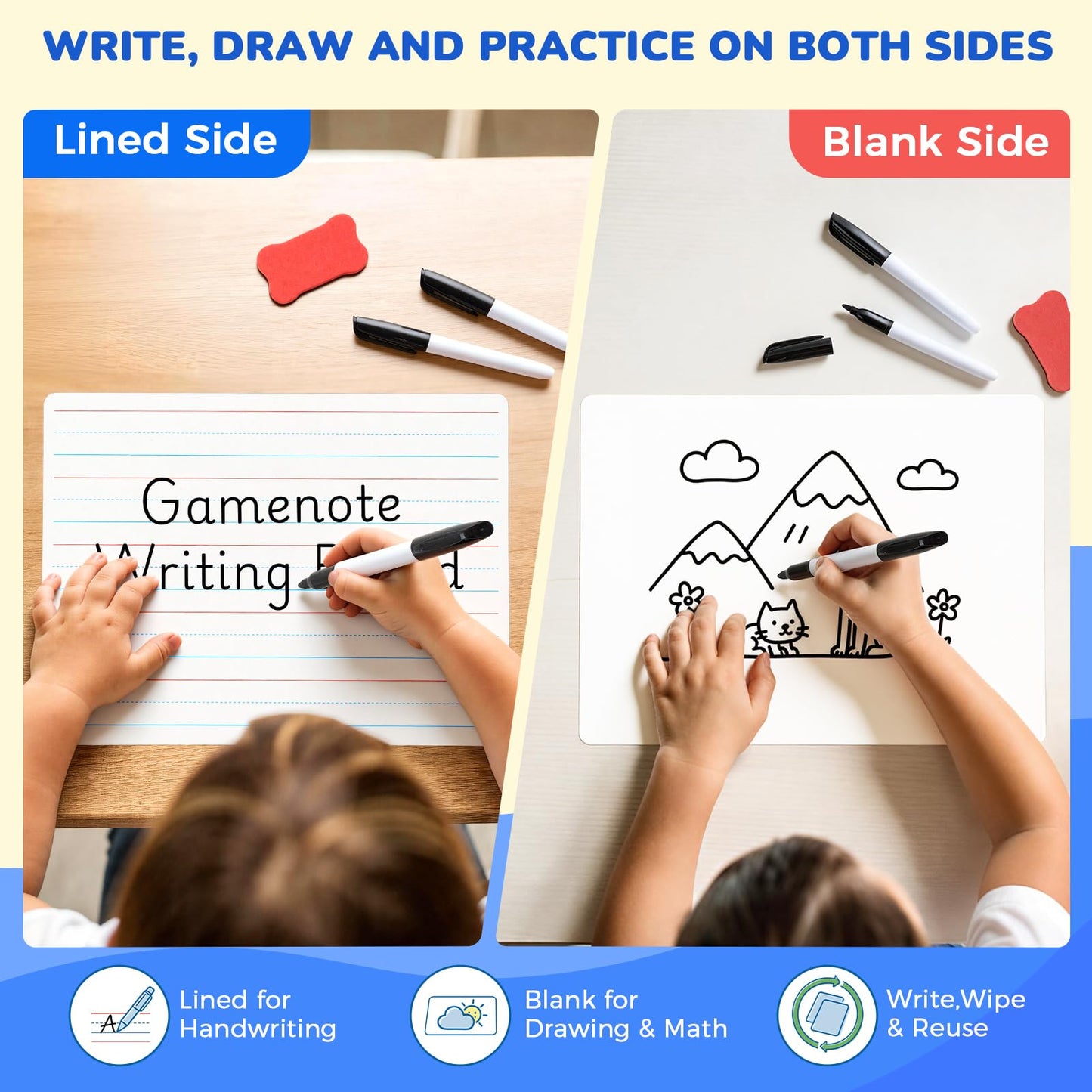 GAMENOTE 6 Pack Small Dry Erase Boards for Kids, 9x12 Double-Sided Lined and Blank Whiteboards with Markers & Erasers, for Classroom and Homeschool Writing Board