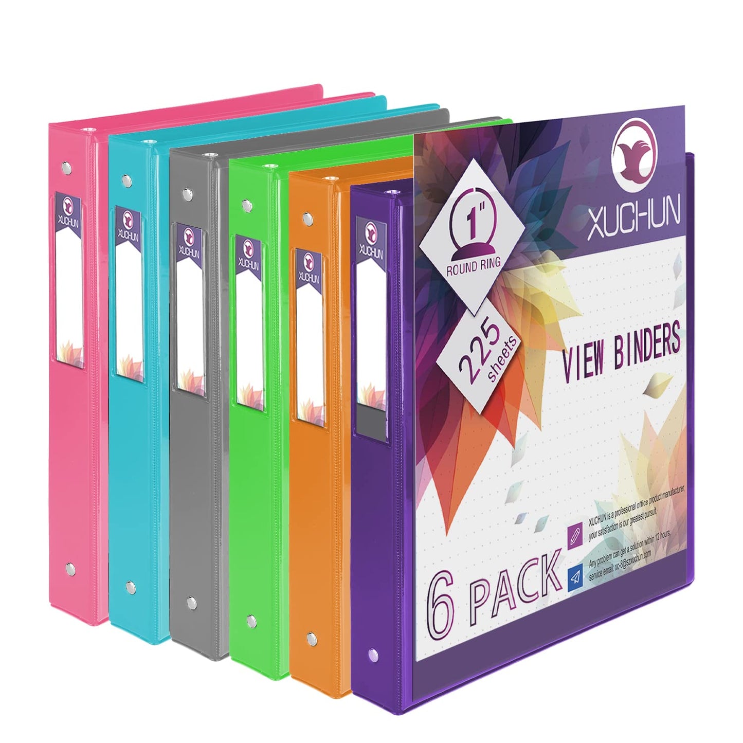 XUCHUN 3 Ring Binders 1 Inch,Clear View Binder with 2 Pockets, Holds 225 Sheets 8.5x11 Inches Paper, Customizable Cover & Spine, Large Capacity Binders for Office, School, Home, Business 6 Pack