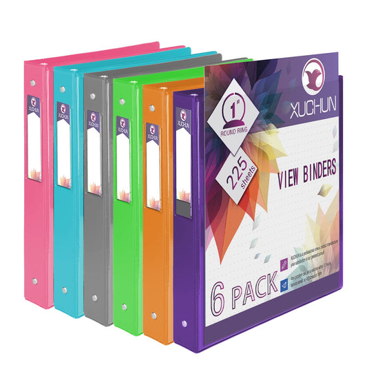 XUCHUN 3 Ring Binders 1 Inch,Clear View Binder with 2 Pockets, Holds 225 Sheets 8.5x11 Inches Paper, Customizable Cover & Spine, Large Capacity Binders for Office, School, Home, Business 6 Pack
