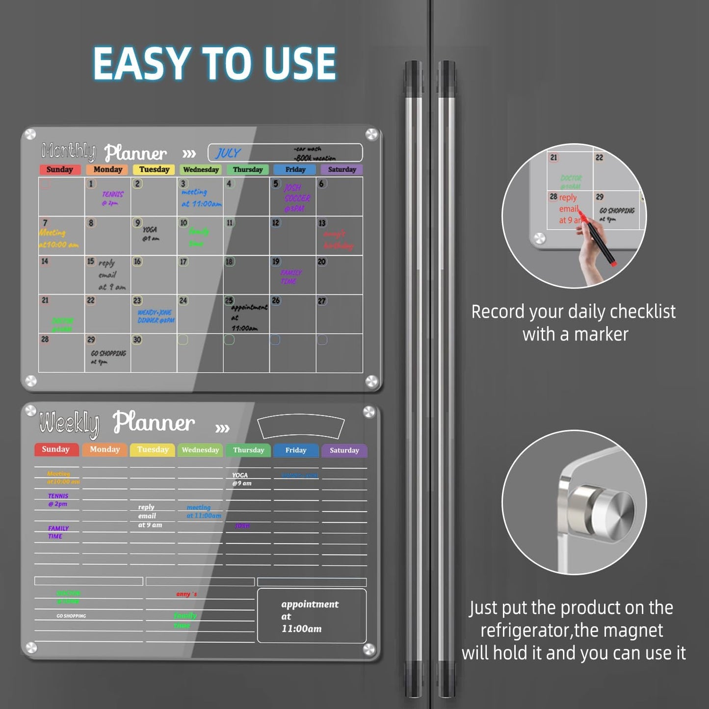 Hivillexun 3-Pack Acrylic Magnetic Dry Erase Calendar Whiteboard Set – Organize Your Refrigerator, Wall, or Fridge with Monthly, Weekly, and Daily Planners, Includes 8 Markers, Large Eraser, and Cloth