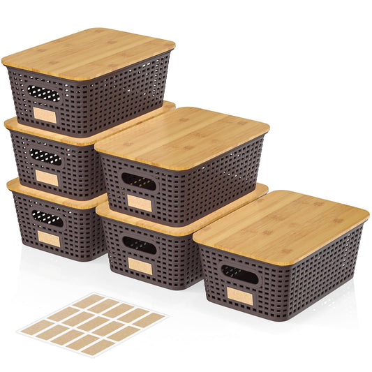 6Pcs Storage Bins with Lids, Stackable Plastic Storage Basket with Bamboo Lid, Pantry Organizer Box Small Containers for Organizing Shelves Drawer Desktop Closet Cabinet Office Classroom 10x7.1x4.1in