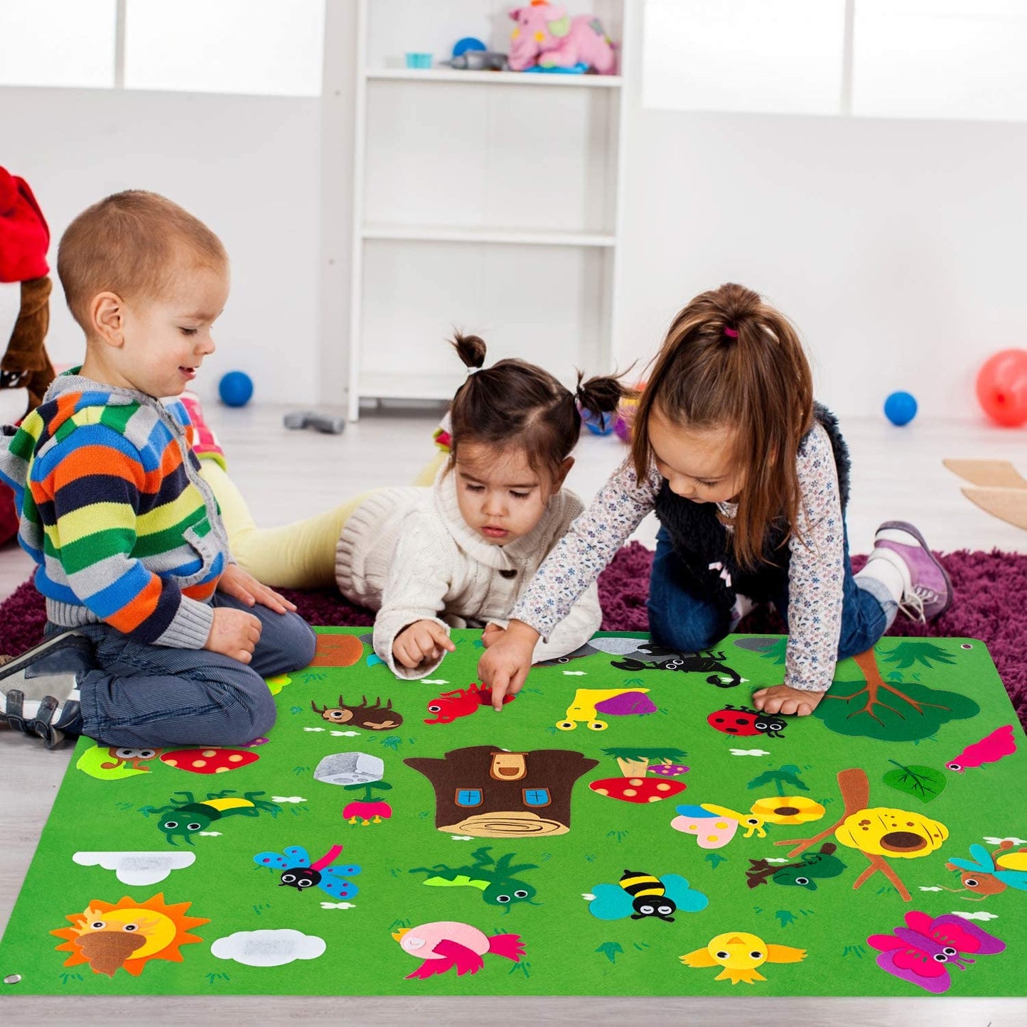 WATINC Insect Teaching Felt Board Story Set 3.5 Ft 45Pcs Preschool Bug Animals Caterpillar Bee Butterfly Dragonfly Storytelling Flannel Early Learning Play Kit Wall Hanging Gift for Toddlers (Green)