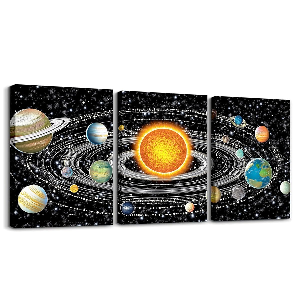 jejeloiu Solar System Canvas Wall Art for Living Room Bedroom 12"x16"x3pcs Universe Planets Picture Wall Decor for Bathroom Galaxy Star Trails Office Decorations Artwork Posters Outer Space Painting