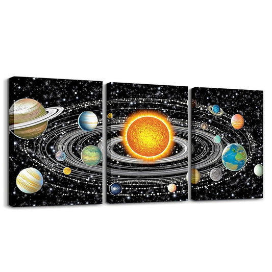 jejeloiu Solar System Canvas Wall Art for Living Room Bedroom 12"x16"x3pcs Universe Planets Picture Wall Decor for Bathroom Galaxy Star Trails Office Decorations Artwork Posters Outer Space Painting