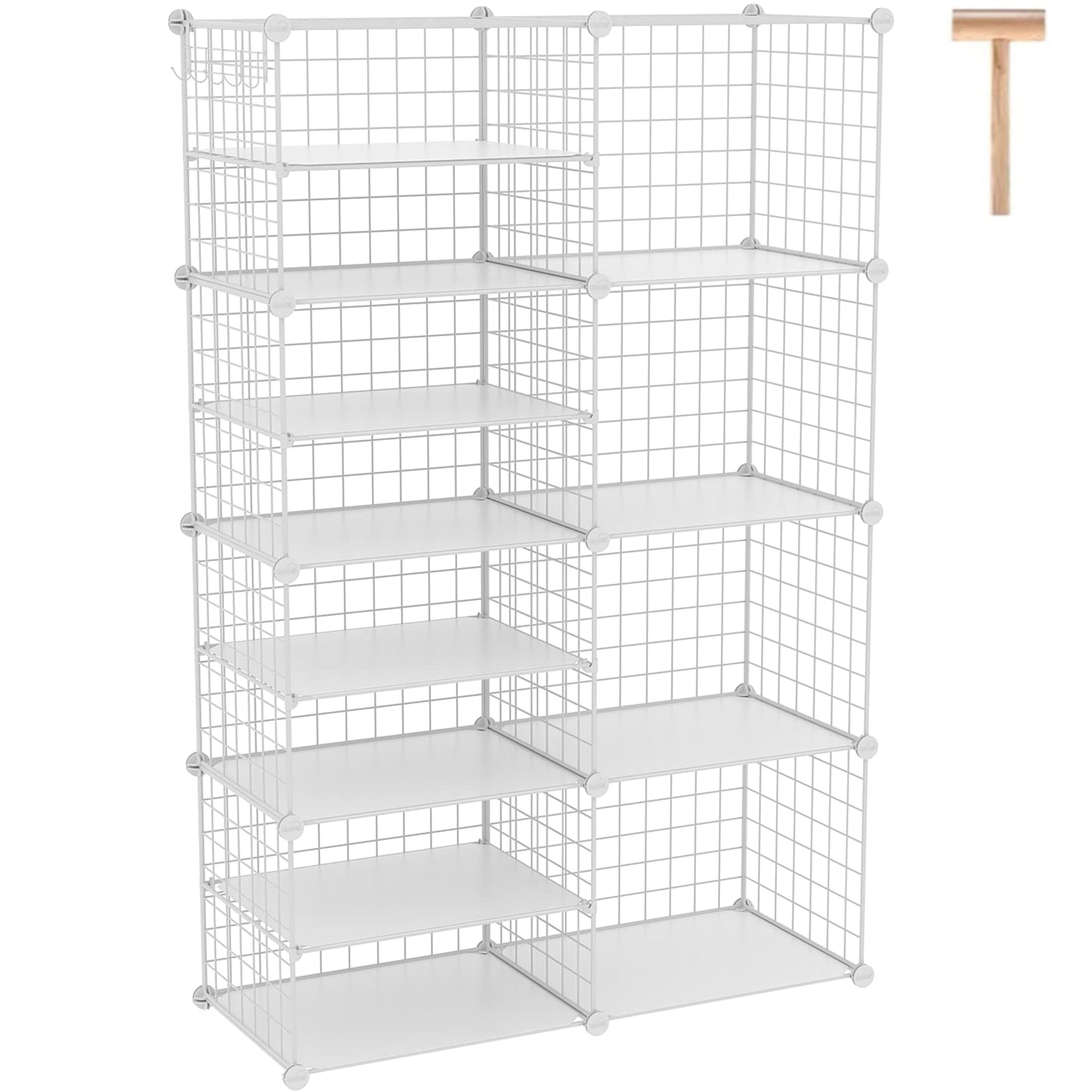 C&AHOME Wire Cube Storage Unit, Interlocking Metal Wire Organizer with Divider Design, Modular Cabinet with Plastic Panels, Bookshelf Stackable Closet Organizer with Small Hooks, White UWCSIM08W
