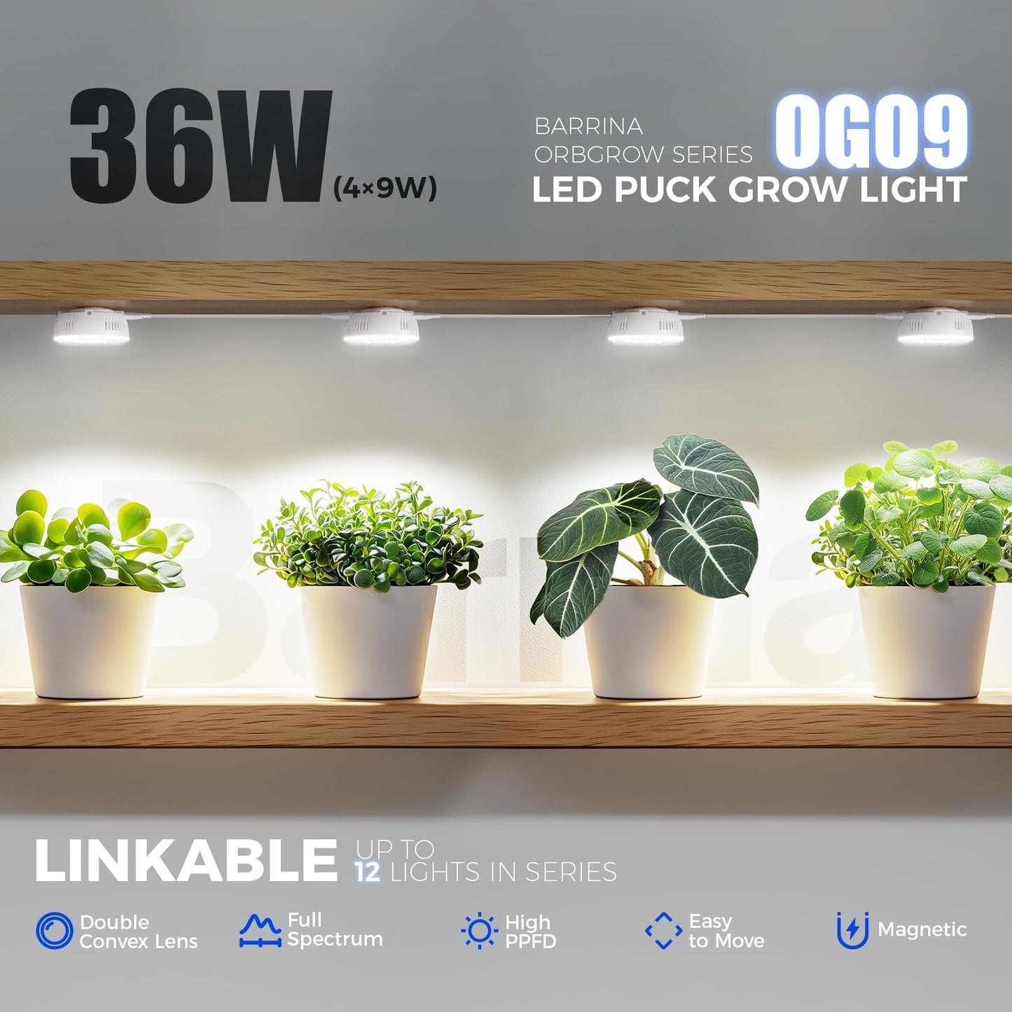 Barrina OG09 Puck LED Grow Light, Full Spectrum, 36W (4 x 9W), Aluminum, 5000K, 4 Packs