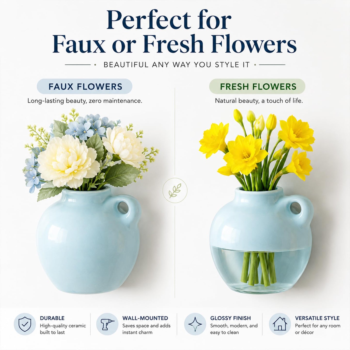 Mini Vase Magnets for Fridge - 8-Pack Cute Ceramic Pots with Artificial Flowers, Decor for Home,Office, White Board, Kitchen