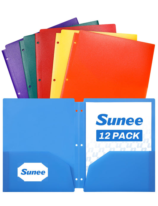 SUNEE 3 Hole Folders with Pockets (12 Pack, Assorted Color), Plastic Folders for 3 Ring Binder, Heavy Duty Binder Folder for Document for School, Students, Teachers, Office Staf
