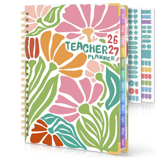 SKYDUE Teacher Planner 2026-2027 Academic Year, 8.5" x 11" Deluxe Teacher Lesson Planner with Monthly Tabs & Stickers, Lesson Plan Book 26-27, AbstractFloral
