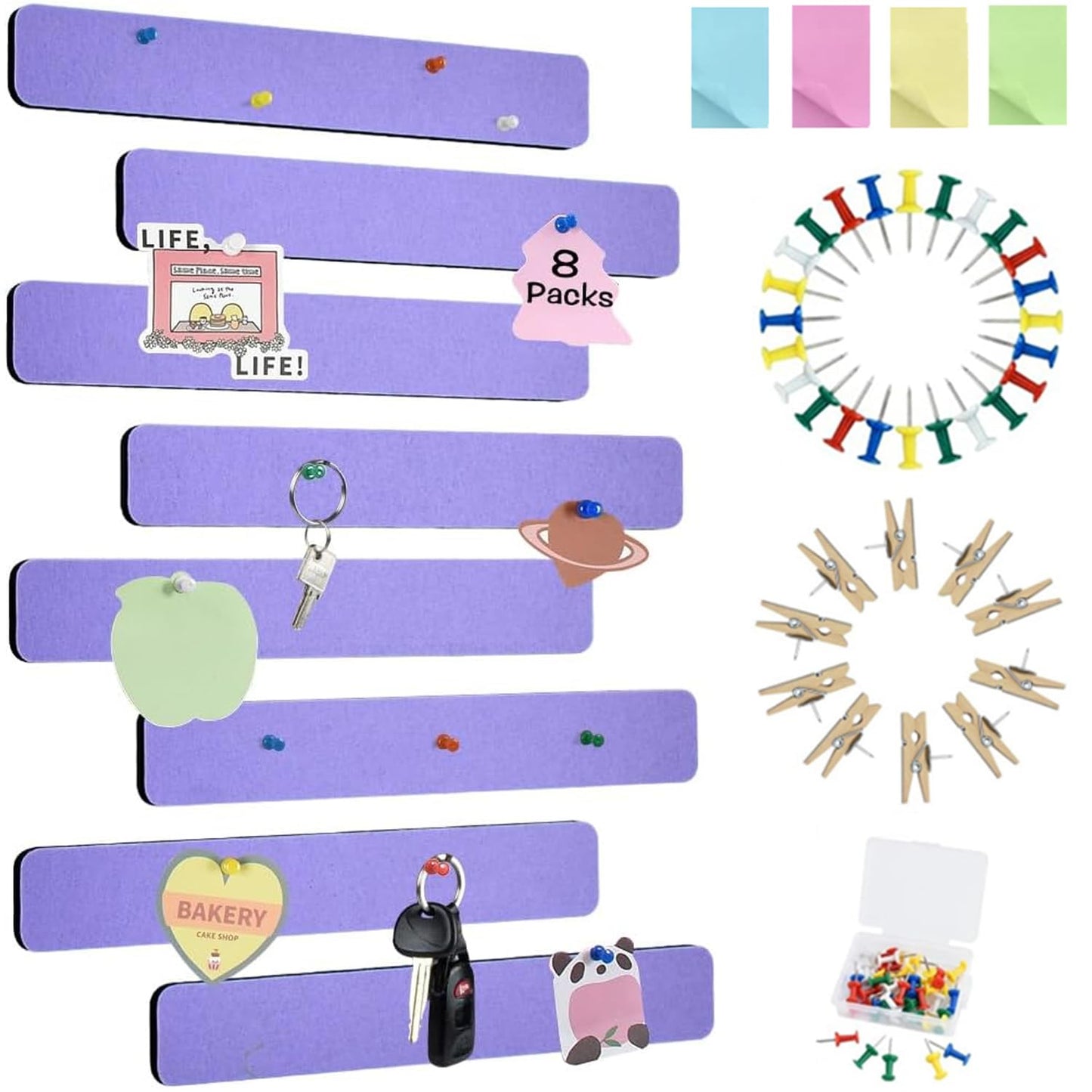 Vuzvuv 8 pcs Bulletin Board Bar Strips with 50 Pushpins & 10 Wooden Clip pins，Self Adhesive Cork Board for Wall，Felt Pin Board for School，Office Decor(Medium Purple)