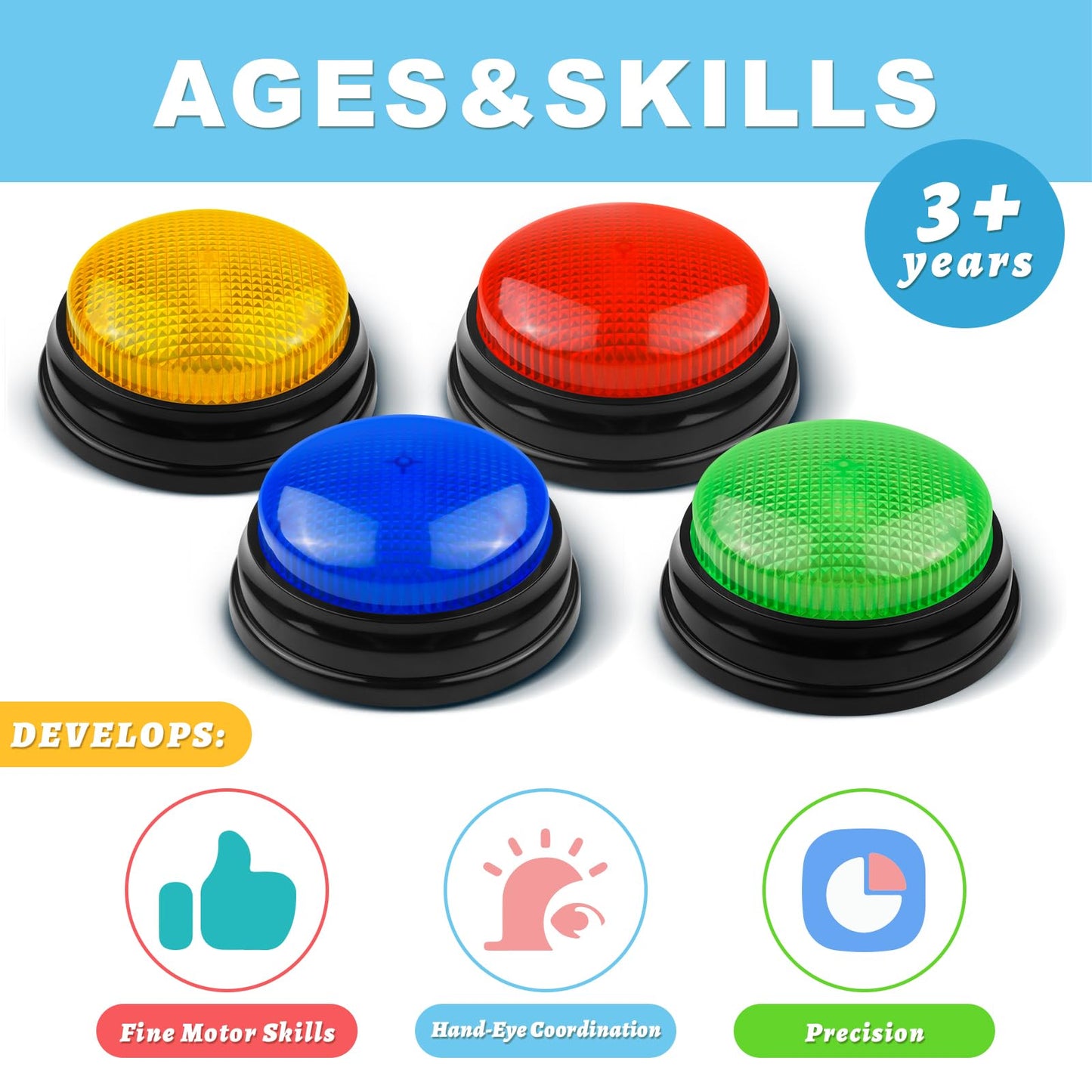 BEAN LIEVE 8-Pack Game Buzzers with 4 Colors & 4 LED Lights Brighter, Portable Answer Buzzers for Classroom Family Game Night Party Trivia, Light Up Buzzer Buttons for Family Feud Jeopardy Style Games