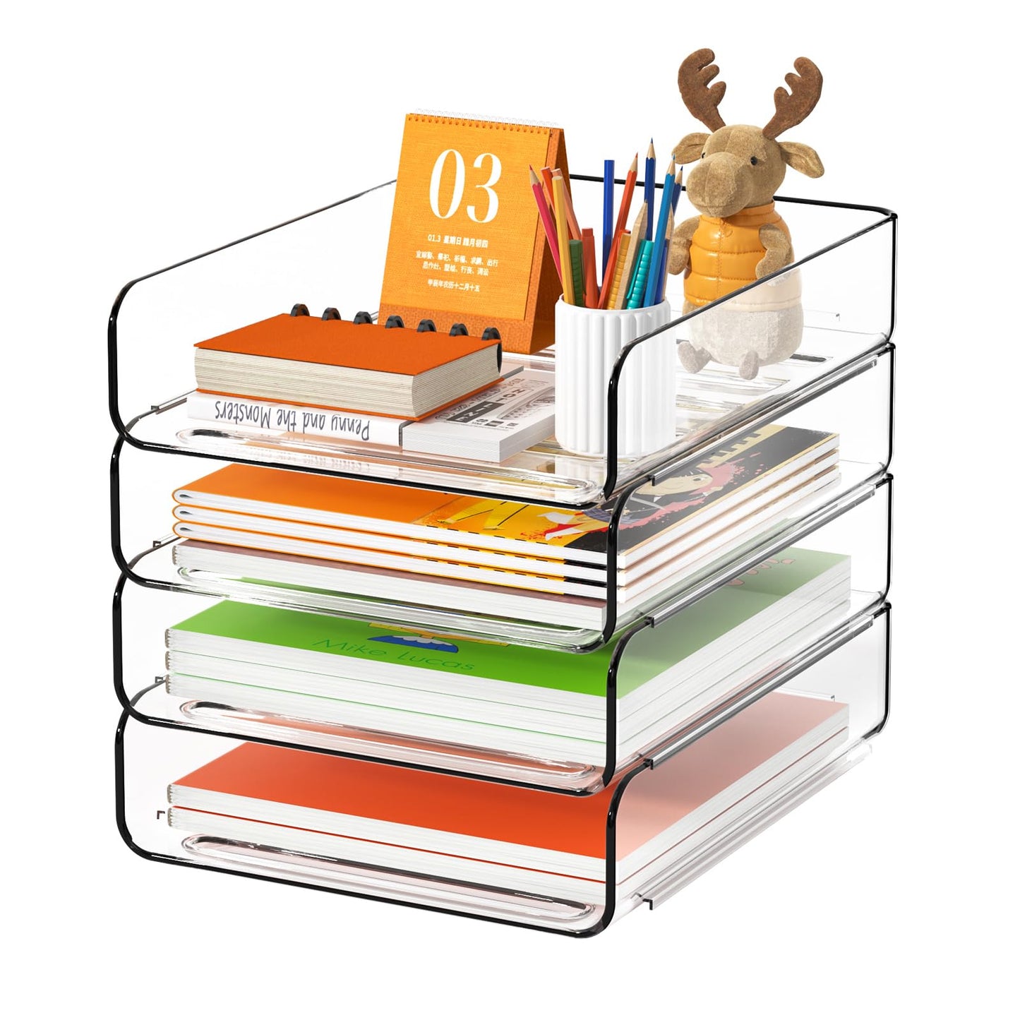 FANXIYQ 4-Tier Acrylic Paper Tray Organizer, Clear Stackable Desk File Organizer for Documents, Files, Letters, A4 Paper, Books, Notes, Mail & Paper Storage, Office Classroom Home