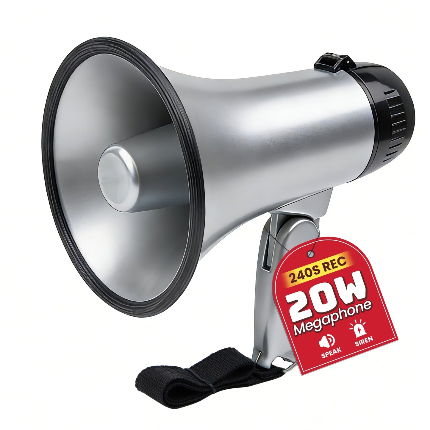 MyMealivos 20W Megaphone Bullhorn, Built in Siren & 240s Recording, 5.4"×8.6" Portable Megaphone with Volume Control Cover Up to 300 feet+ for Indoor and Outdoor Activities(Silver)