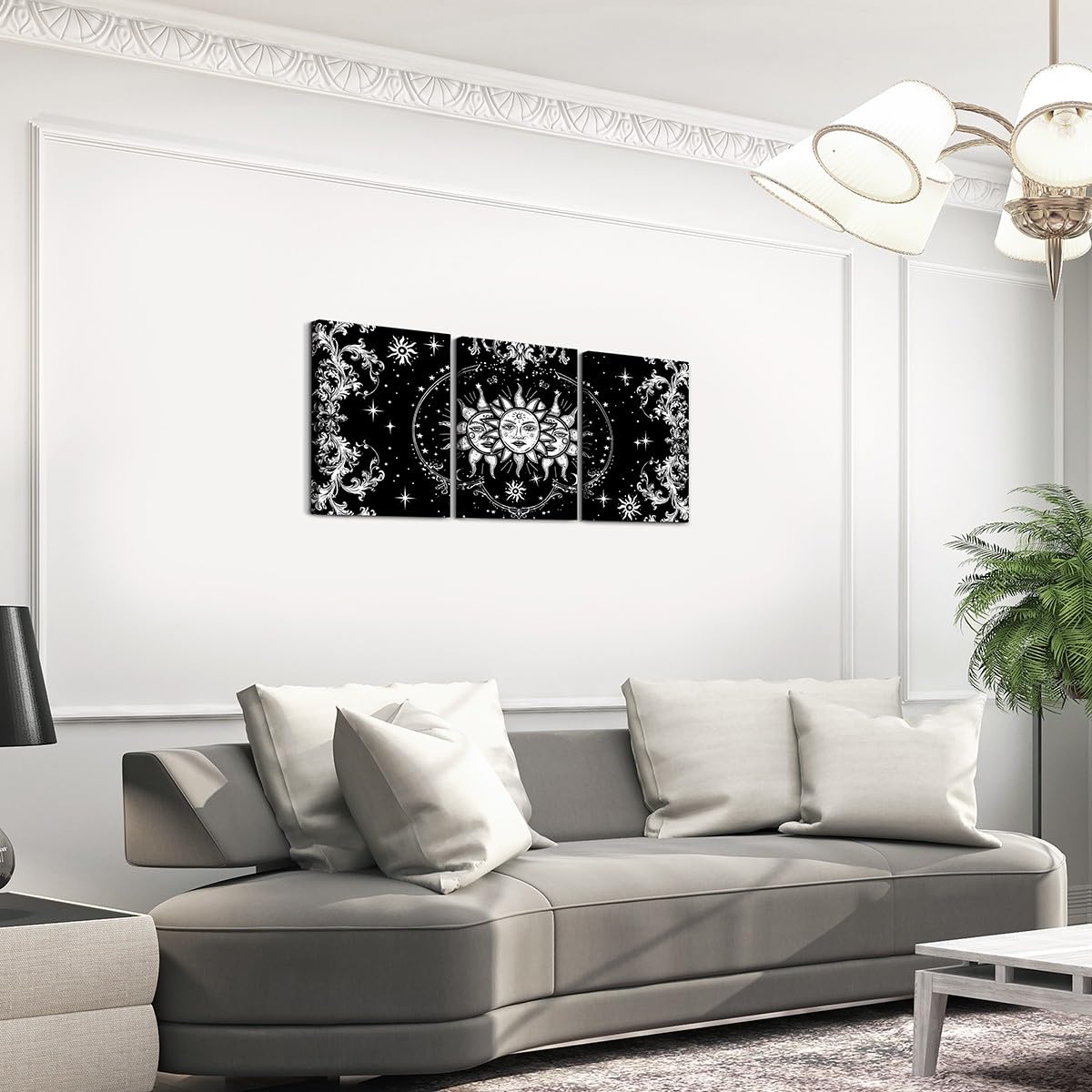Sun And Moon Canvas Wall Art Set of 3 for Bedroom Living Room, Boho Exotic Style Paintings Wall Decor Black White Bohemian Mandala Print Wall Art Botanical Floral Decor Poster Prints