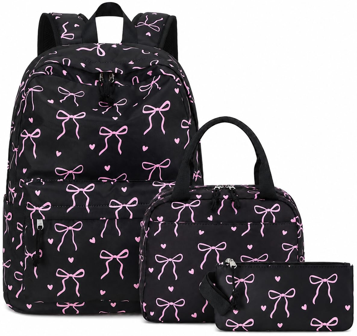 LOIDOU Backpack for Teen Girls Bookbags School Backpack with Lunch Box and Pencil Case 3 in 1 School Bags Set (Black Bow-Tie)