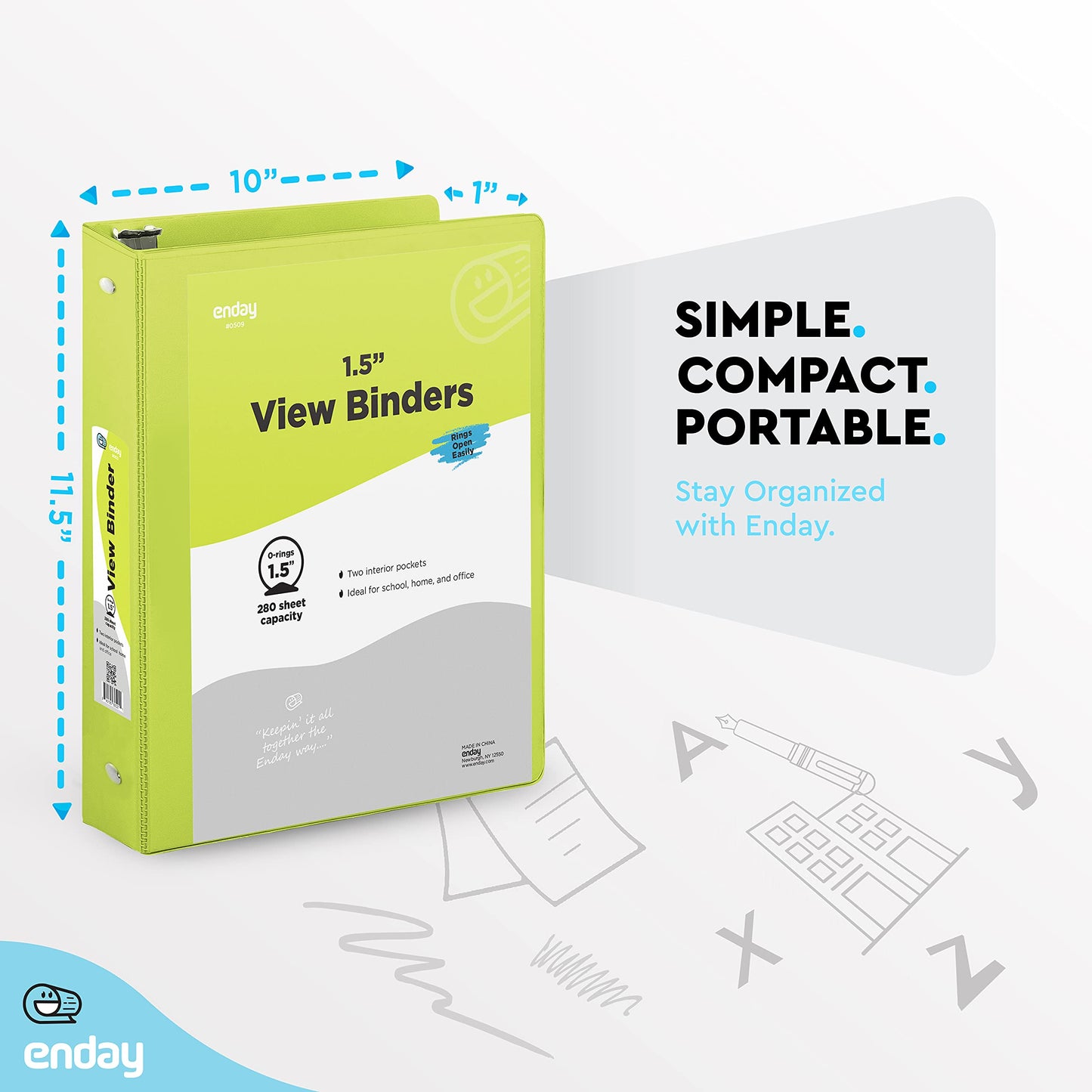 Enday 3 Ring Binder 1.5 Inch, Green Heavy Duty Three Ring Binder, 325 Sheets Capacity - 1.5 Inch Binder for Home School and Office