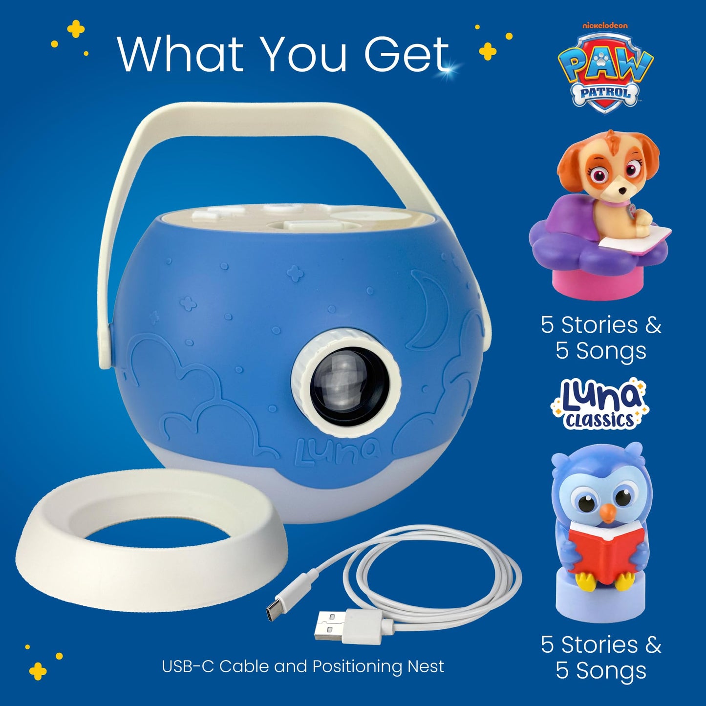 Luna Storytime Projector - 5 PAW Patrol Skye & 5 Classic Read-Aloud Stories, 10 Songs, Night Light & Soothing Dream Music - Children, Kids & Toddlers Ages 3+