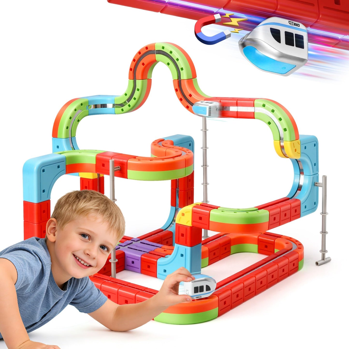 Hestiasko Magnetic Train Set for Kids, 3D Electric Train Set, STEM Educational Building Toy, DIY Learning Track with Vertical Climb & Upside Down Action, Gift for Toddlers Boys Girls Ages 3 4 5 6+