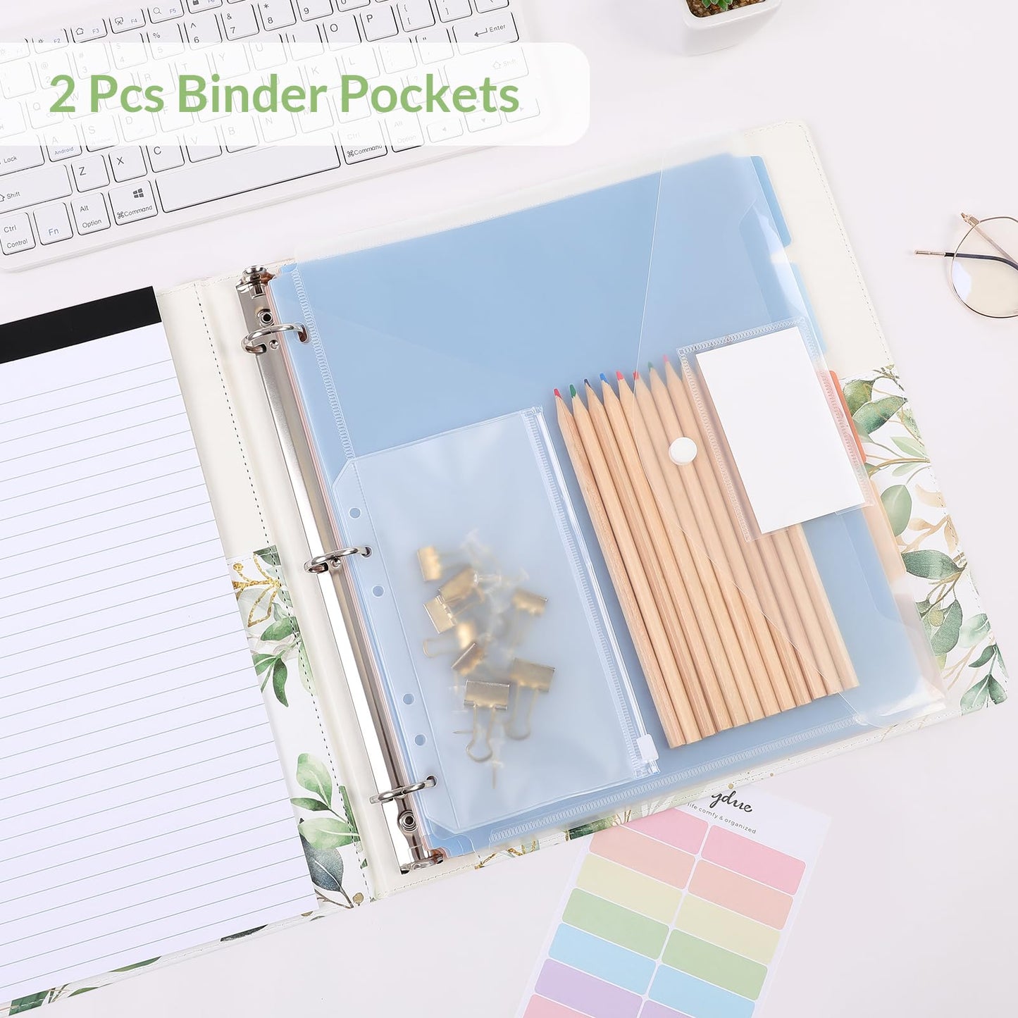 SKYDUE 1 Inch 3-Ring Binder with Clipboard, PU Aesthetic Binder with 5 Dividers, Notepad, Stickers & Pockets for Work and School (Letter Size)