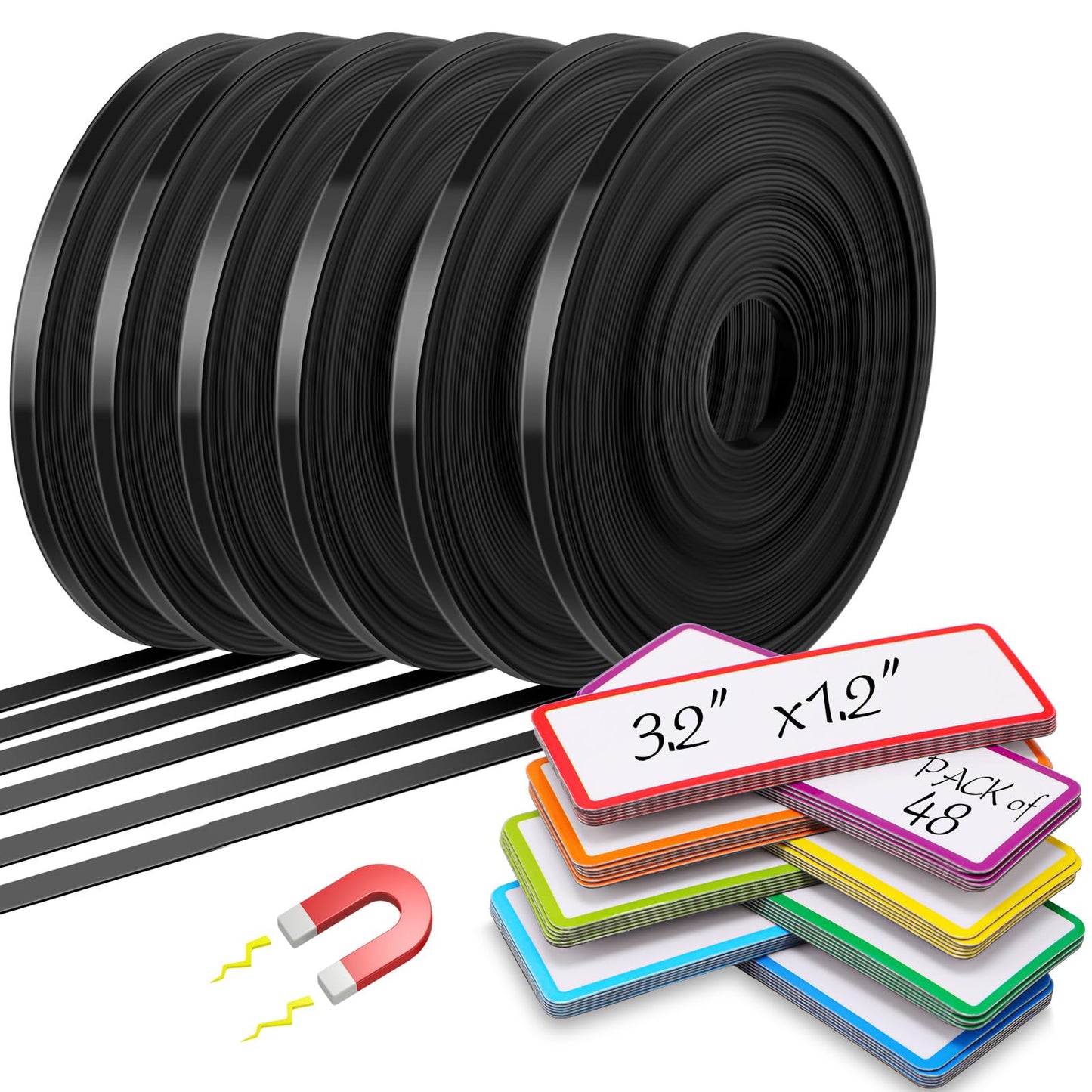 Tellegloww 6 Rolls 1/4" Magnetic Whiteboard Tape Set 33ft Magnetic Tape Roll Thin Strips Borders for Classroom Whiteboard with 48pcs Dry Erase Label for Classroom School Office Home Students (Black)