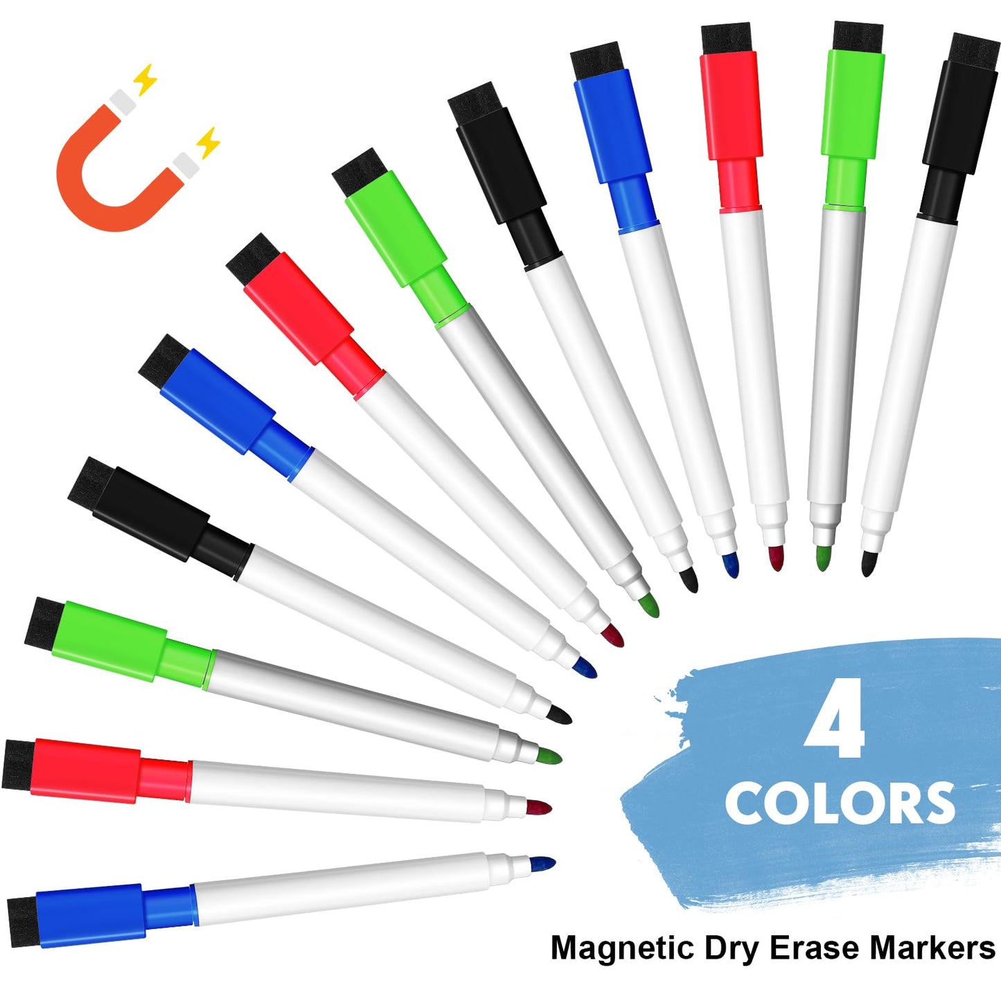 Kosiz 200 Pcs Magnetic Dry Erase Markers Fine Point Tip Whiteboard Markers with Eraser Cap Magnetic Dry Erase Pens Erasable Pens for Whiteboard Dry Boards(Black, Red, Blue, Green)