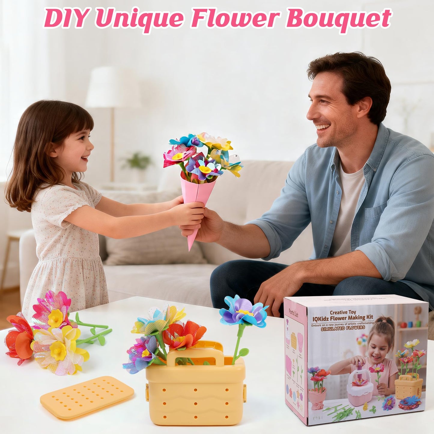 IQKidz Flower Bouquets Toy for Girls, DIY Arts and Crafts Kits for Kids Ages 4-6 6-8, STEM Flower Making Set with Storage Box & Basket, Birthday Gift for Age 5-7 8-10 Years Old